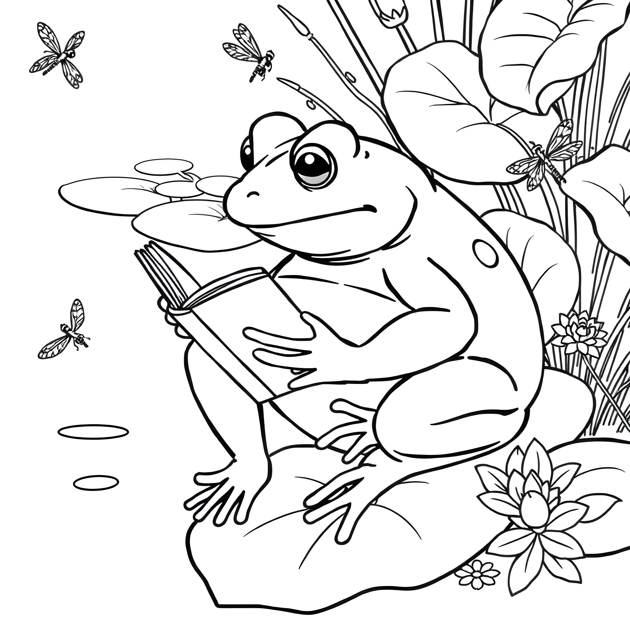 Frog relaxing in nature with dragonflies Coloring Page (free black-and-white line drawing printable PDF for all, from beginners to advanced learners, including children, teens, adults, and seniors)