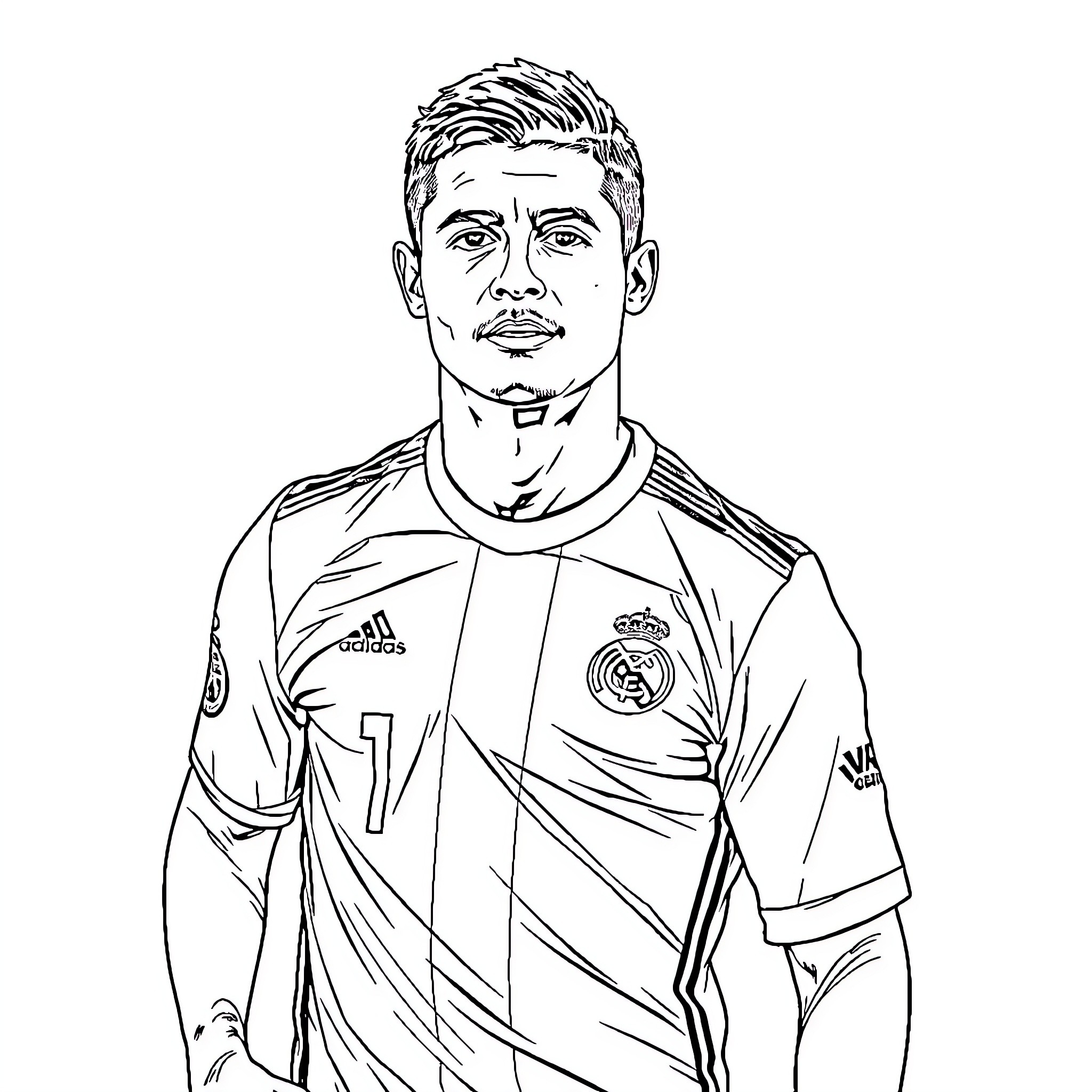 Ronaldo in sports uniform posing for photo Coloring Page (free black-and-white line drawing printable PDF for all, from beginners to advanced learners, including children, teens, adults, and seniors)
