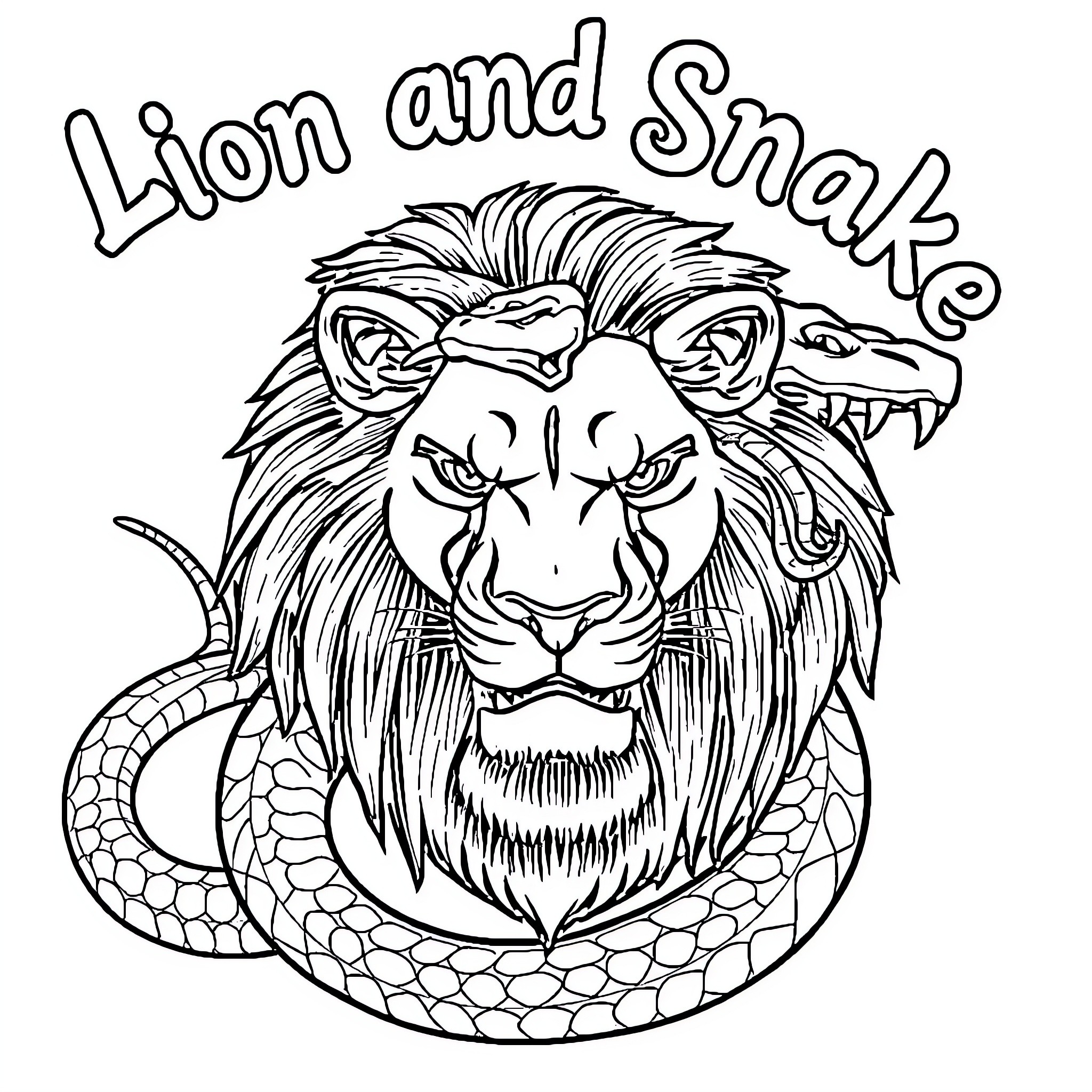 Snake entwined with ferocious lion Coloring Page (free black-and-white line drawing printable PDF for all, from beginners to advanced learners, including children, teens, adults, and seniors)