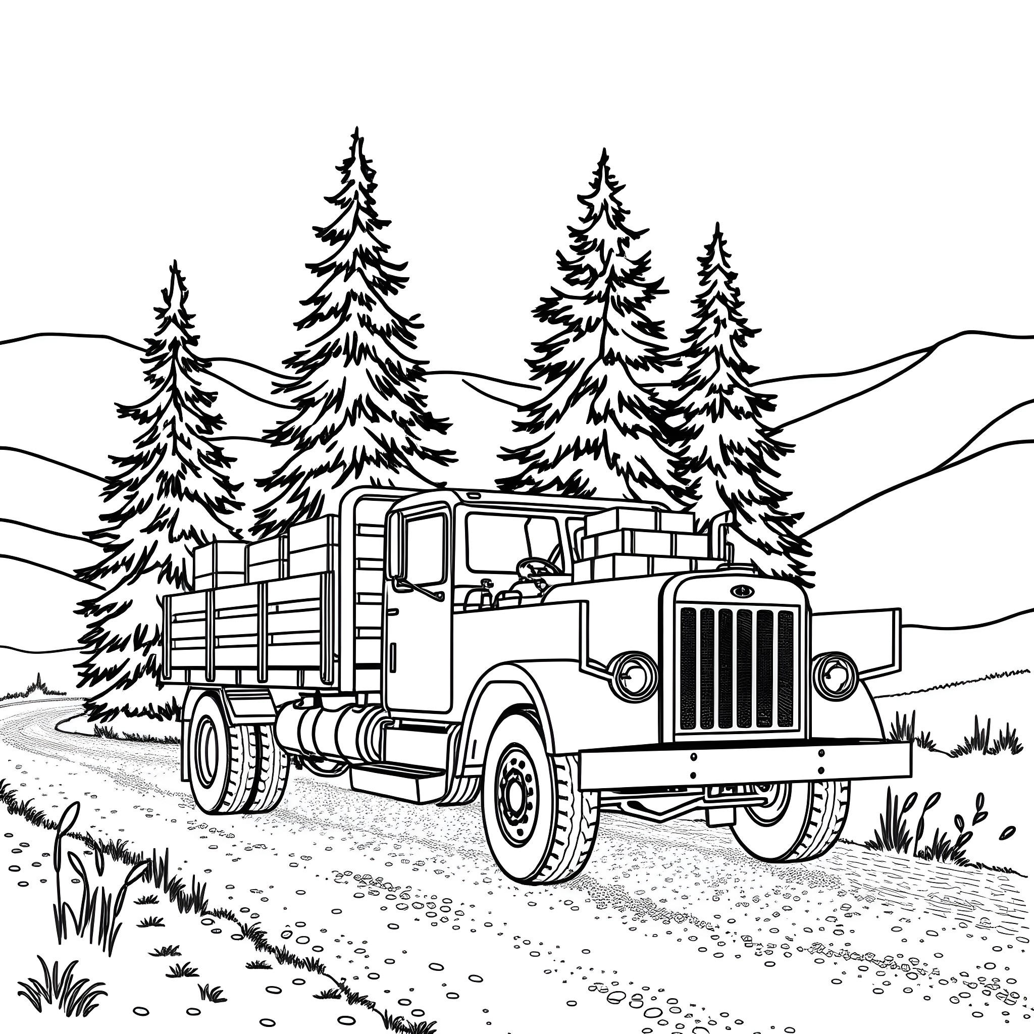 Truck transporting logs through snowy forest Coloring Page (free black-and-white line drawing printable PDF for all, from beginners to advanced learners, including children, teens, adults, and seniors)
