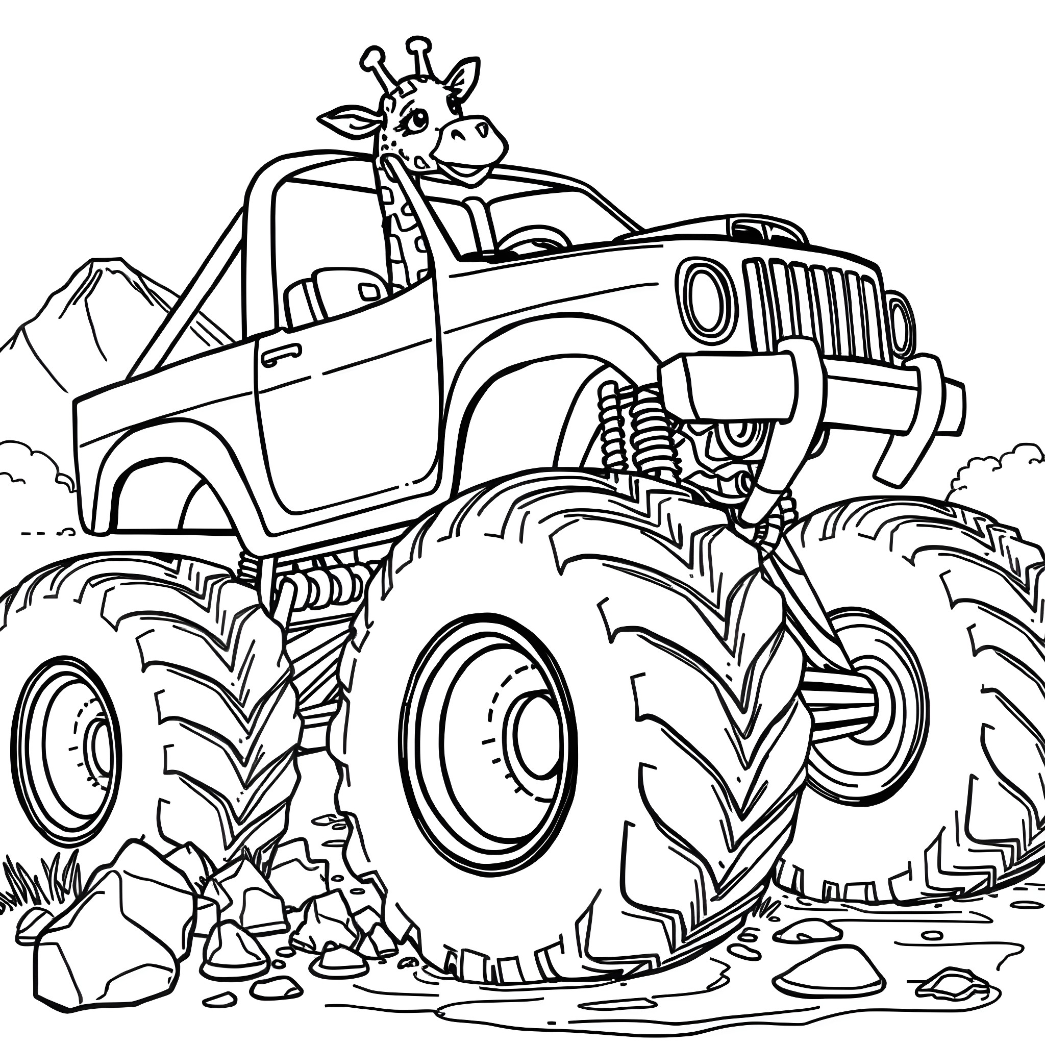 Giraffe riding a Monster Truck through the Mountains Coloring Page (free black-and-white line drawing printable PDF for all, from beginners to advanced learners, including children, teens, adults, and seniors)