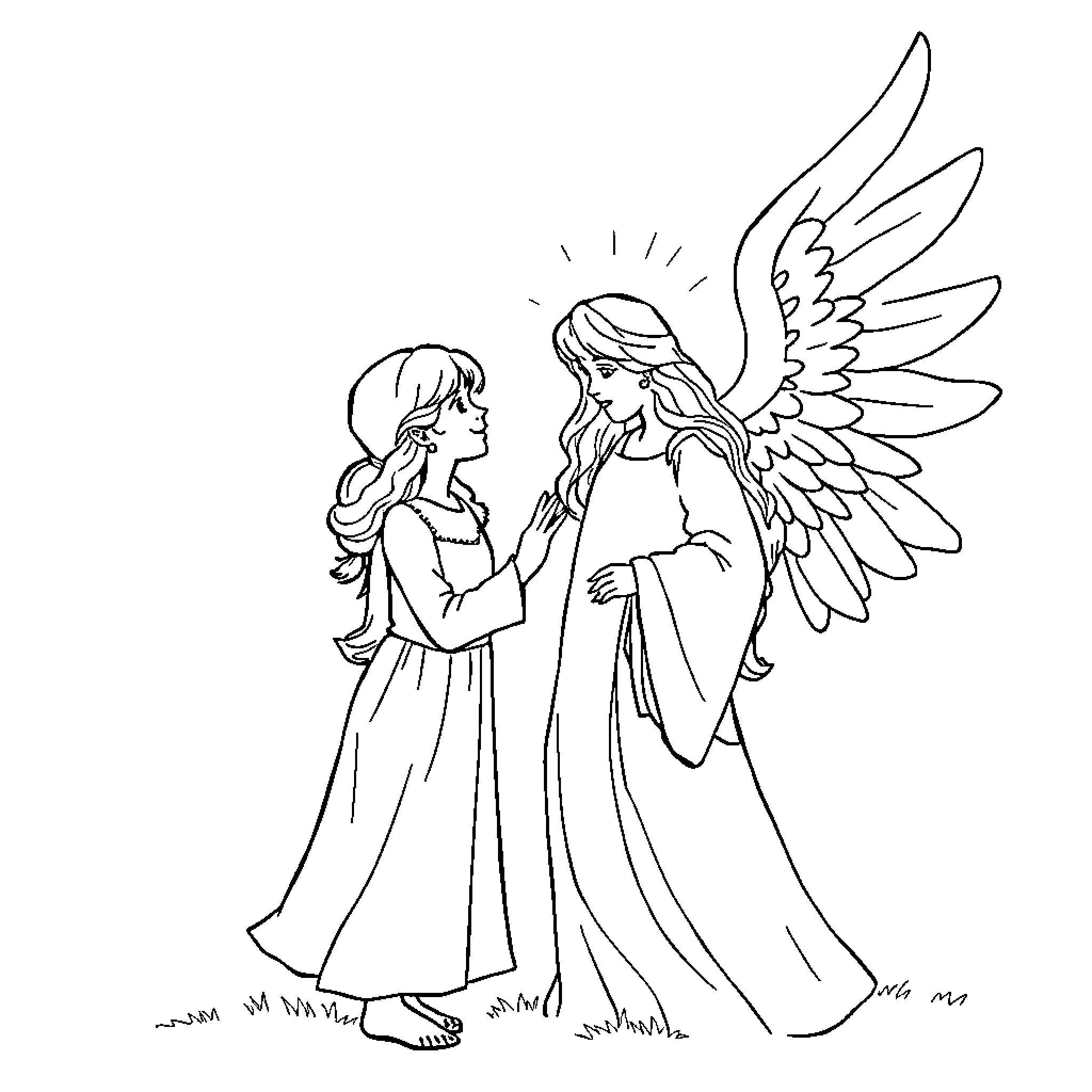 Angel comforting young girl in white dress Coloring Page (free black-and-white line drawing printable PDF for all, from beginners to advanced learners, including children, teens, adults, and seniors)