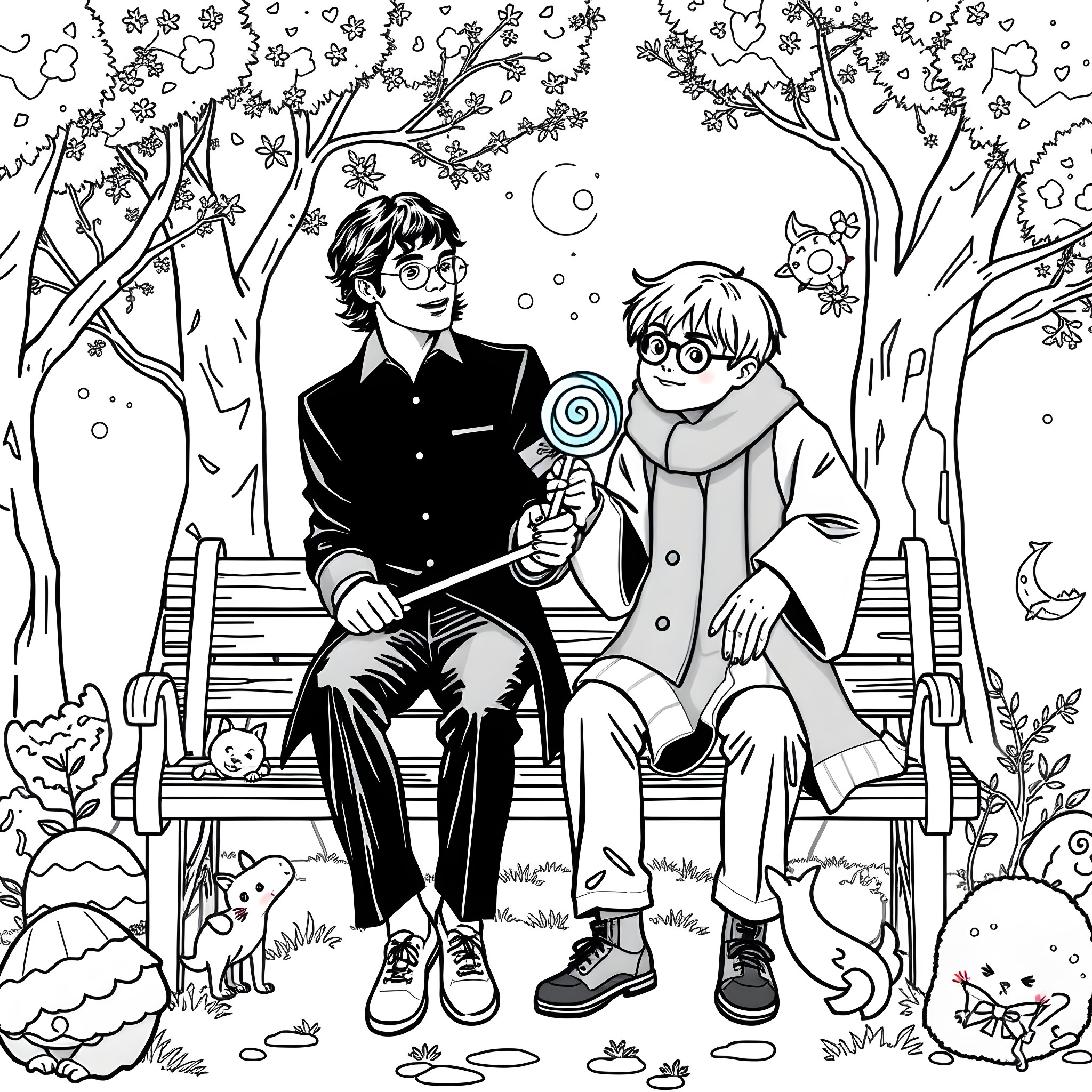 Michael Jackson and his Childhood Friend Enjoying a Snowy Park Coloring Page (free black-and-white line drawing printable PDF for all, from beginners to advanced learners, including children, teens, adults, and seniors)