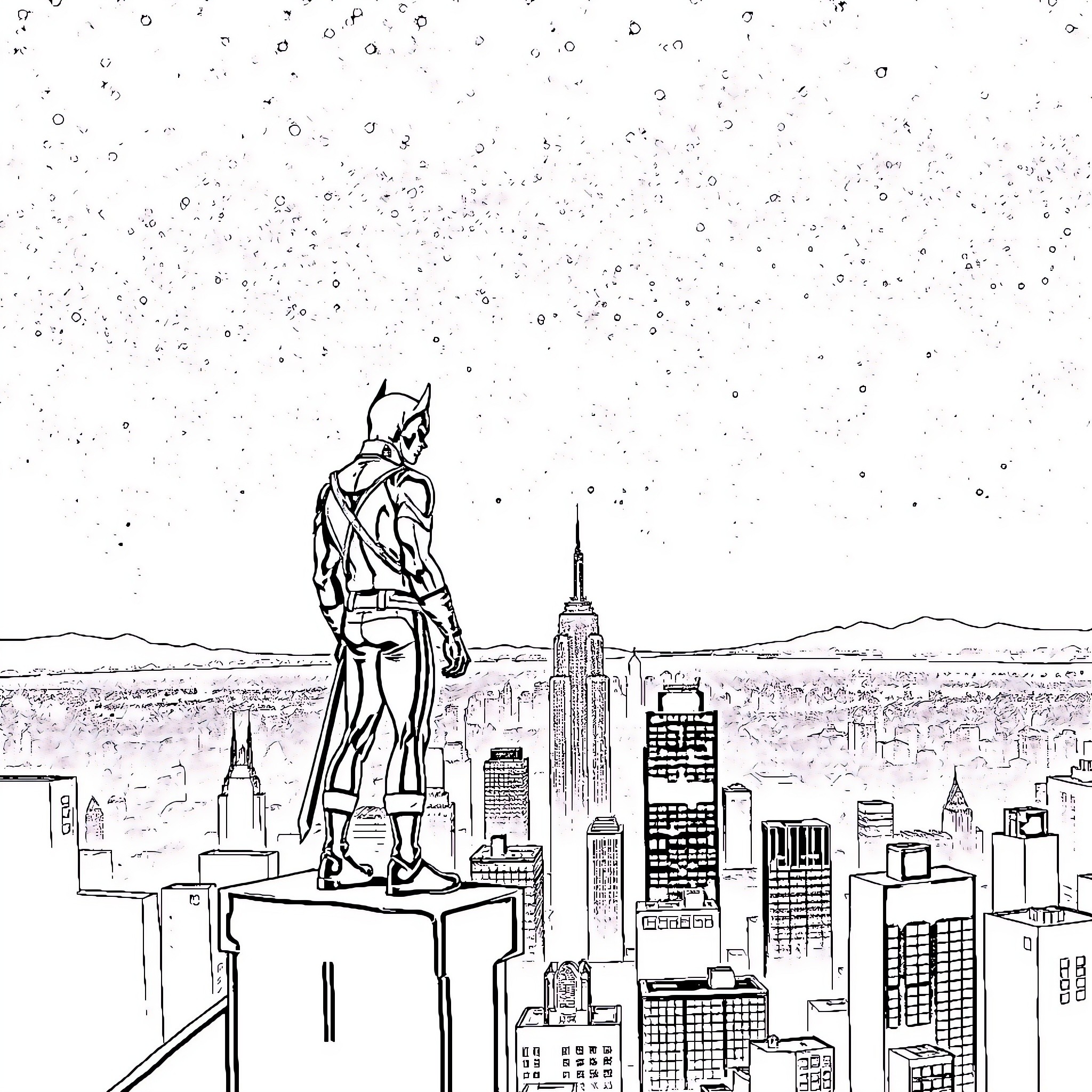 Nightwing overlooking the city skyline Coloring Page (free black-and-white line drawing printable PDF for all, from beginners to advanced learners, including children, teens, adults, and seniors)