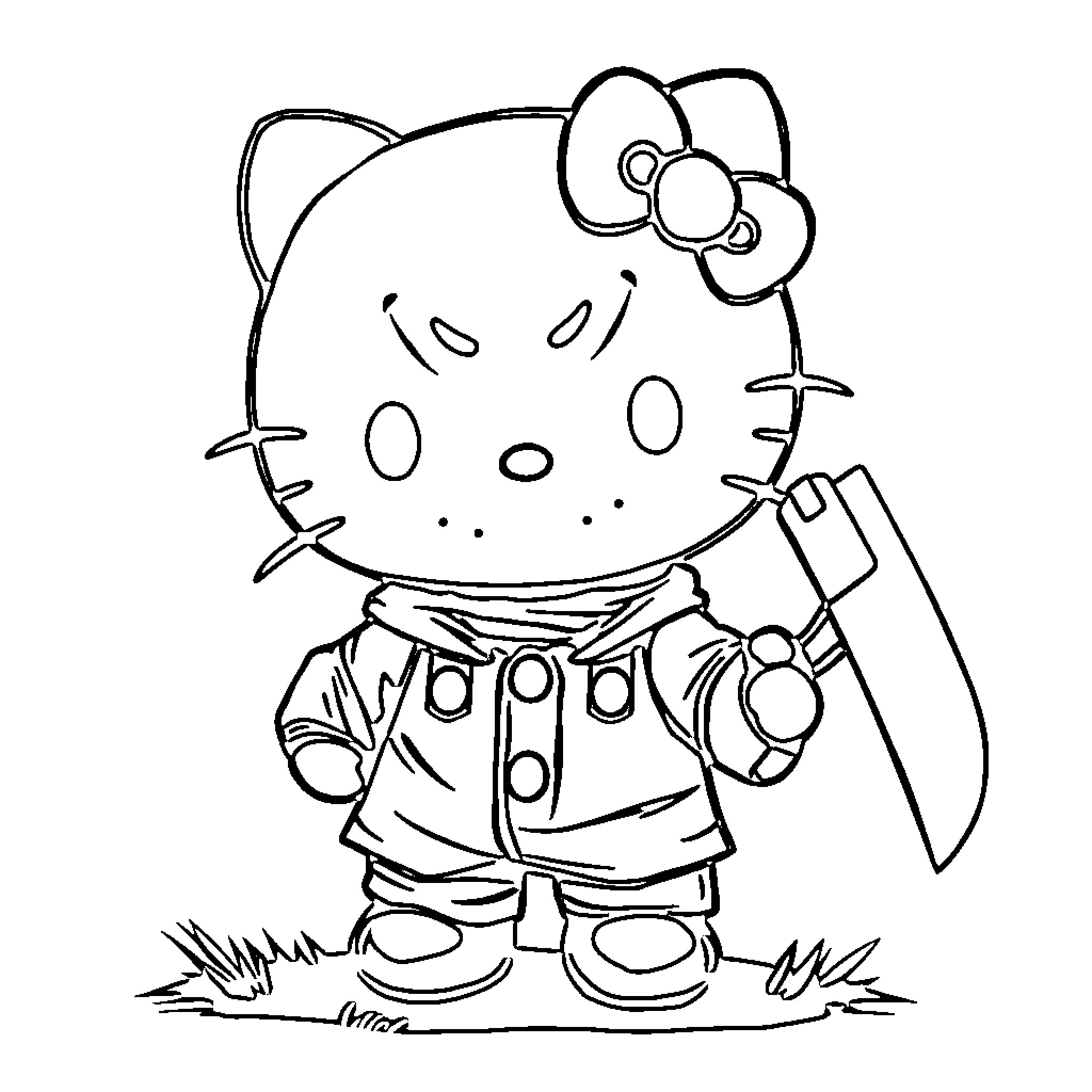 Hello Kitty as a Gardener Coloring Page (free black-and-white line drawing printable PDF for all, from beginners to advanced learners, including children, teens, adults, and seniors)