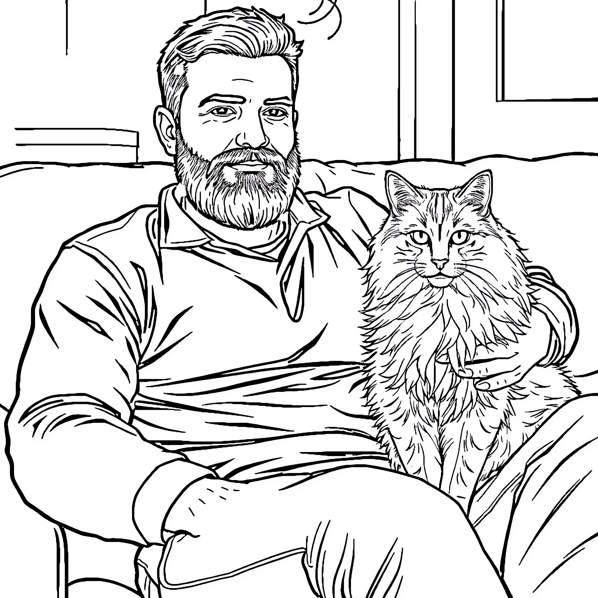 Man with beard and his pet cat at home Coloring Page (free black-and-white line drawing printable PDF for all, from beginners to advanced learners, including children, teens, adults, and seniors)