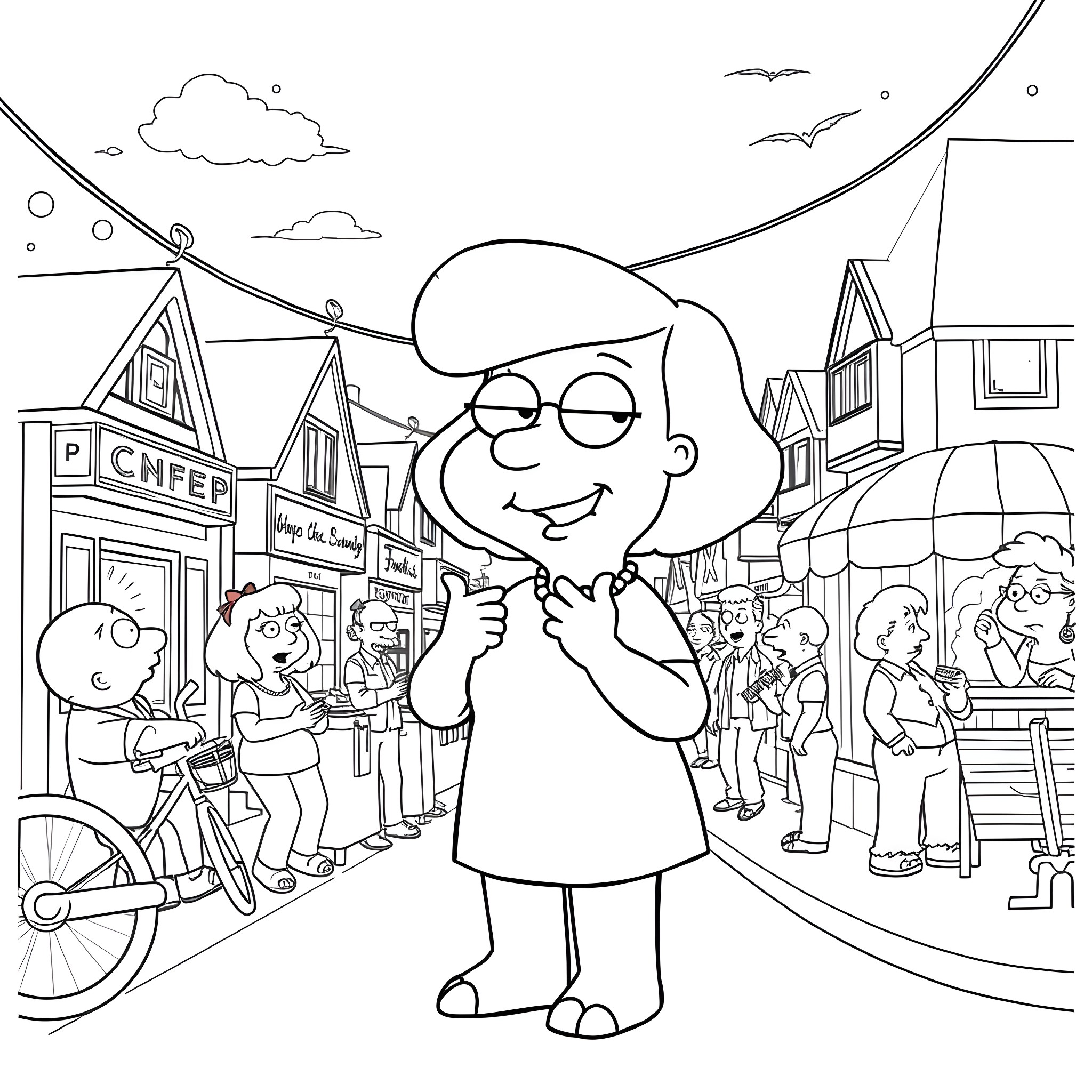 Lois enjoys a sunny day in the town square Coloring Page (free black-and-white line drawing printable PDF for all, from beginners to advanced learners, including children, teens, adults, and seniors)