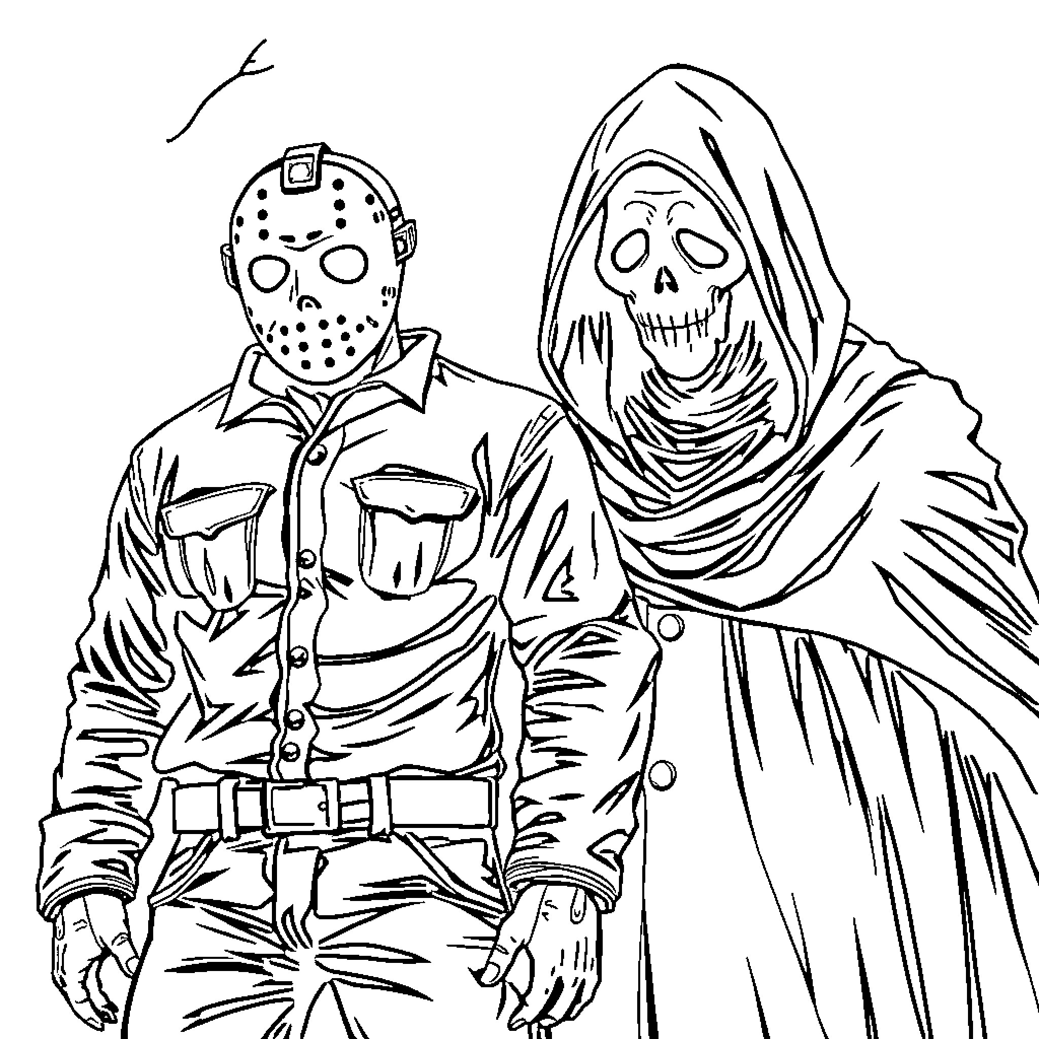Horror Character Duo in Frightening Attire Coloring Page (free black-and-white line drawing printable PDF for all, from beginners to advanced learners, including children, teens, adults, and seniors)
