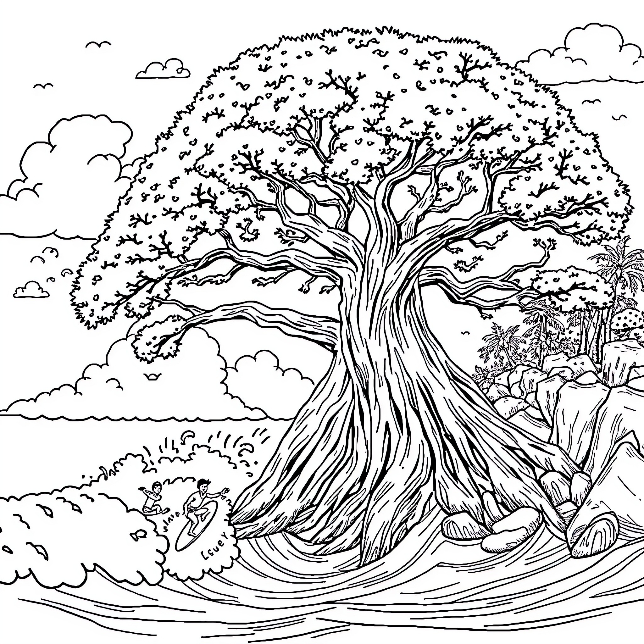 Surfing Tree in Stormy Coastal Landscape Coloring Page (free black-and-white line drawing printable PDF for all, from beginners to advanced learners, including children, teens, adults, and seniors)