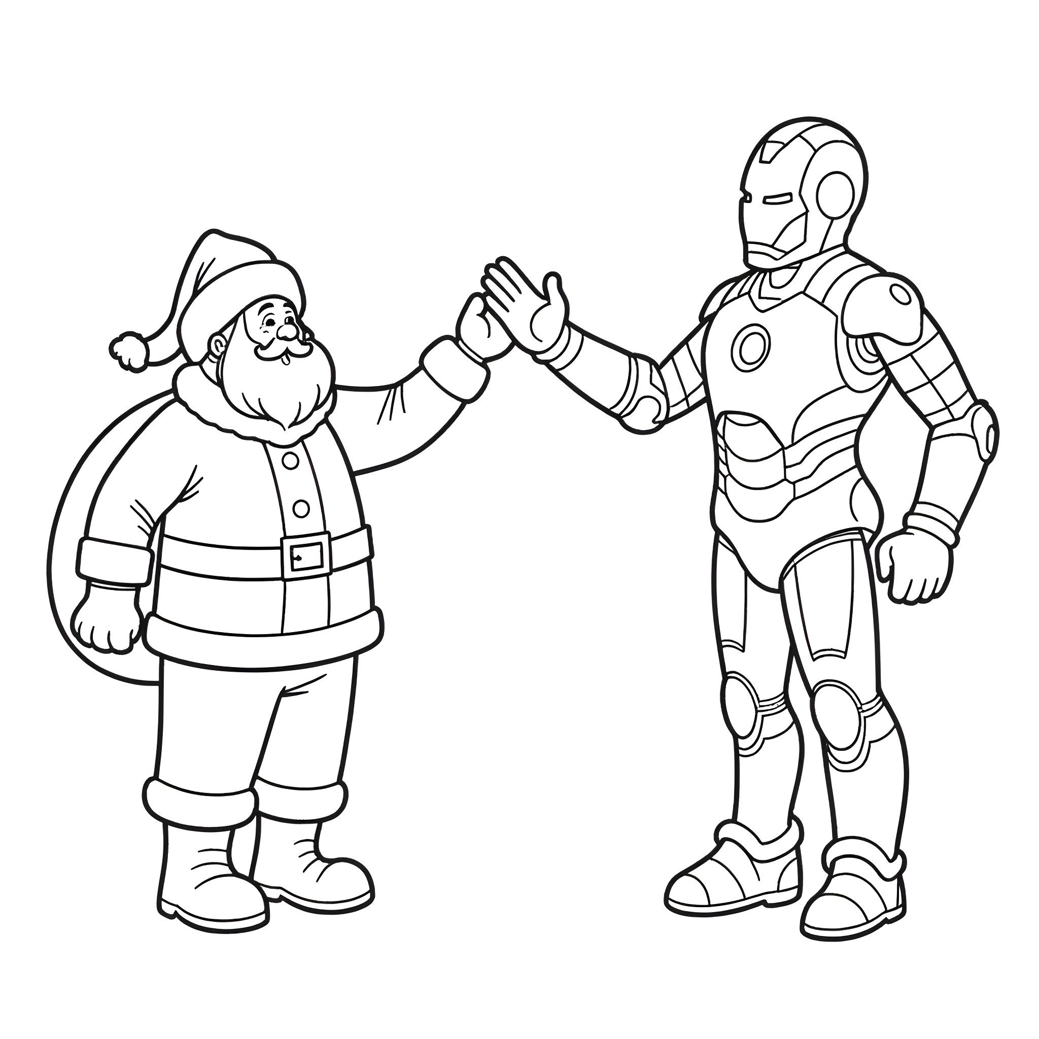 Santa Claus and Iron Man shaking hands Coloring Page (free black-and-white line drawing printable PDF for all, from beginners to advanced learners, including children, teens, adults, and seniors)
