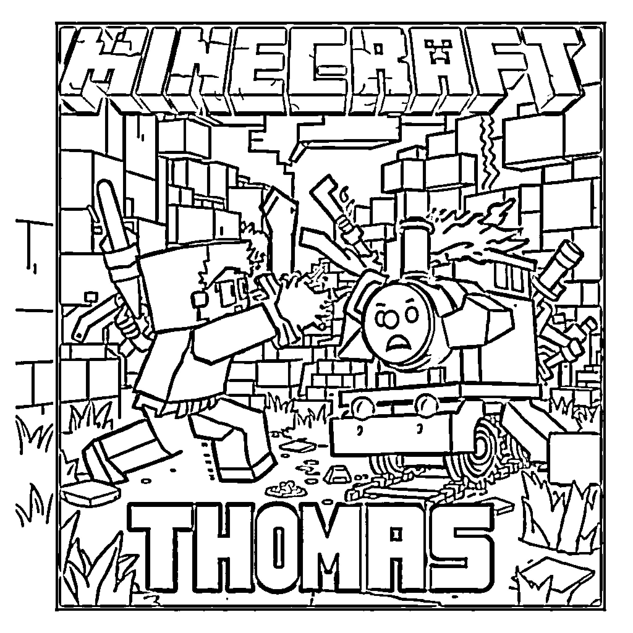 Minecraft Thomas the Tank Engine Chaos Scene Coloring Page (free black-and-white line drawing printable PDF for all, from beginners to advanced learners, including children, teens, adults, and seniors)