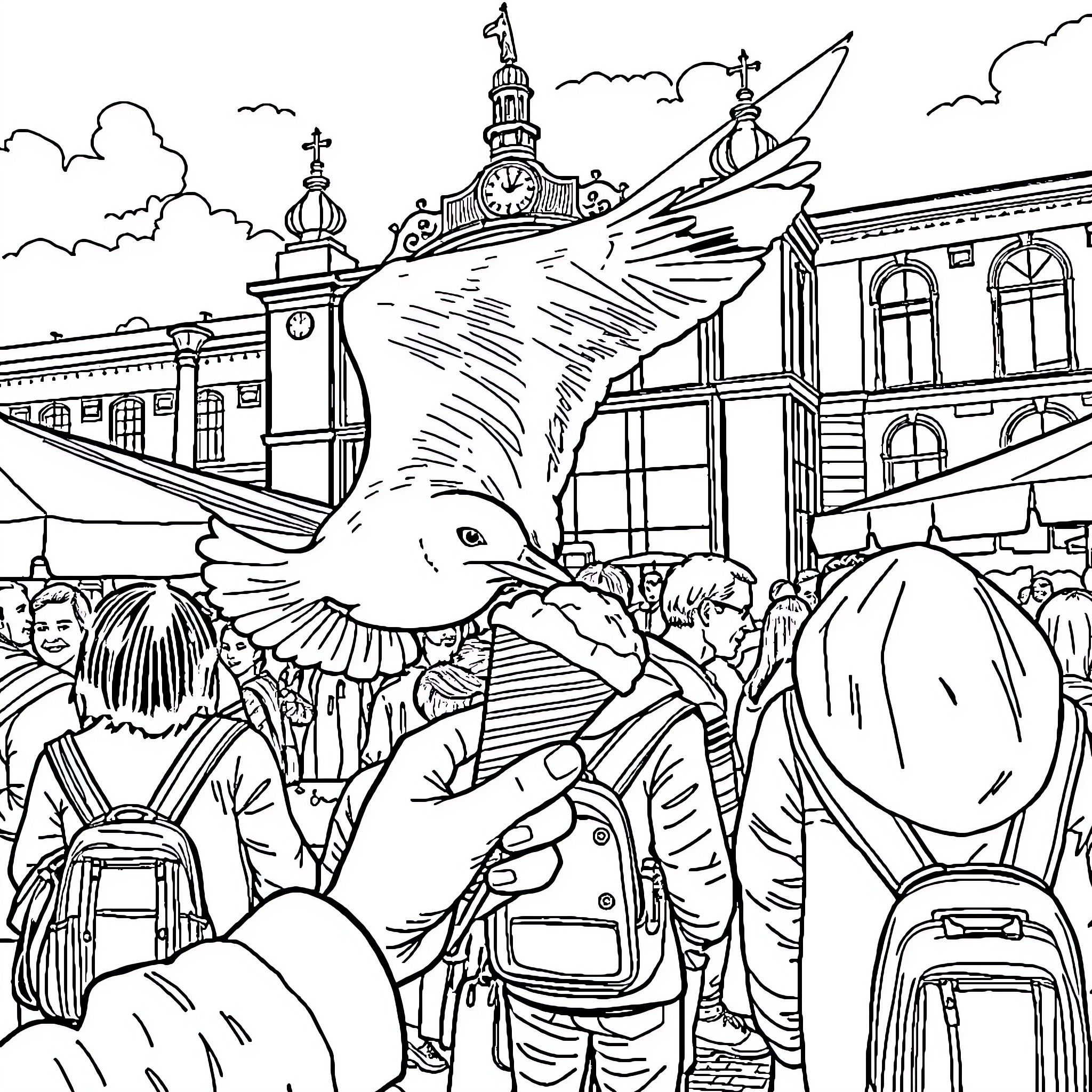 Seagull soaring over a crowded city square Coloring Page (free black-and-white line drawing printable PDF for all, from beginners to advanced learners, including children, teens, adults, and seniors)