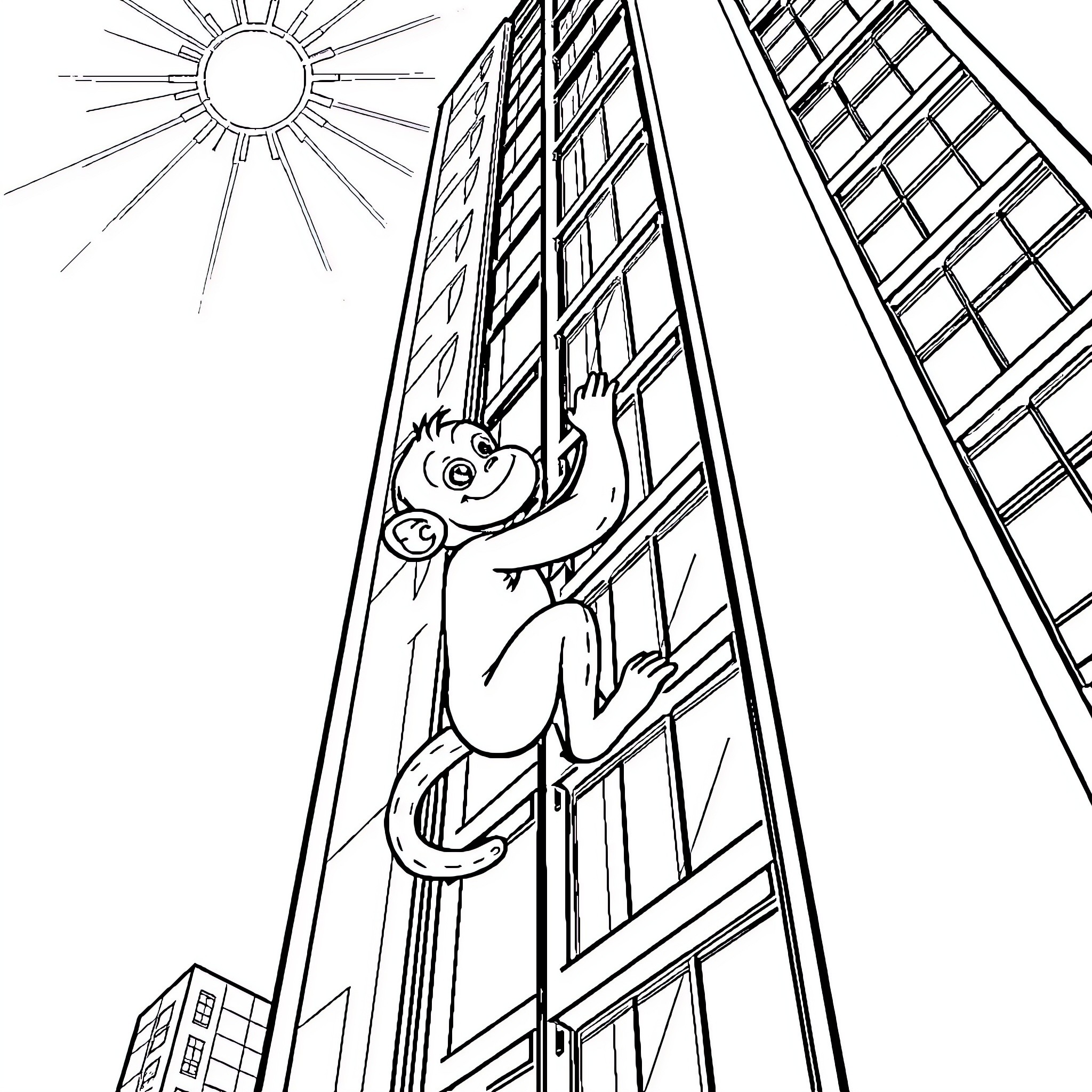 Monkey climbing on glass skyscraper in city Coloring Page (free black-and-white line drawing printable PDF for all, from beginners to advanced learners, including children, teens, adults, and seniors)