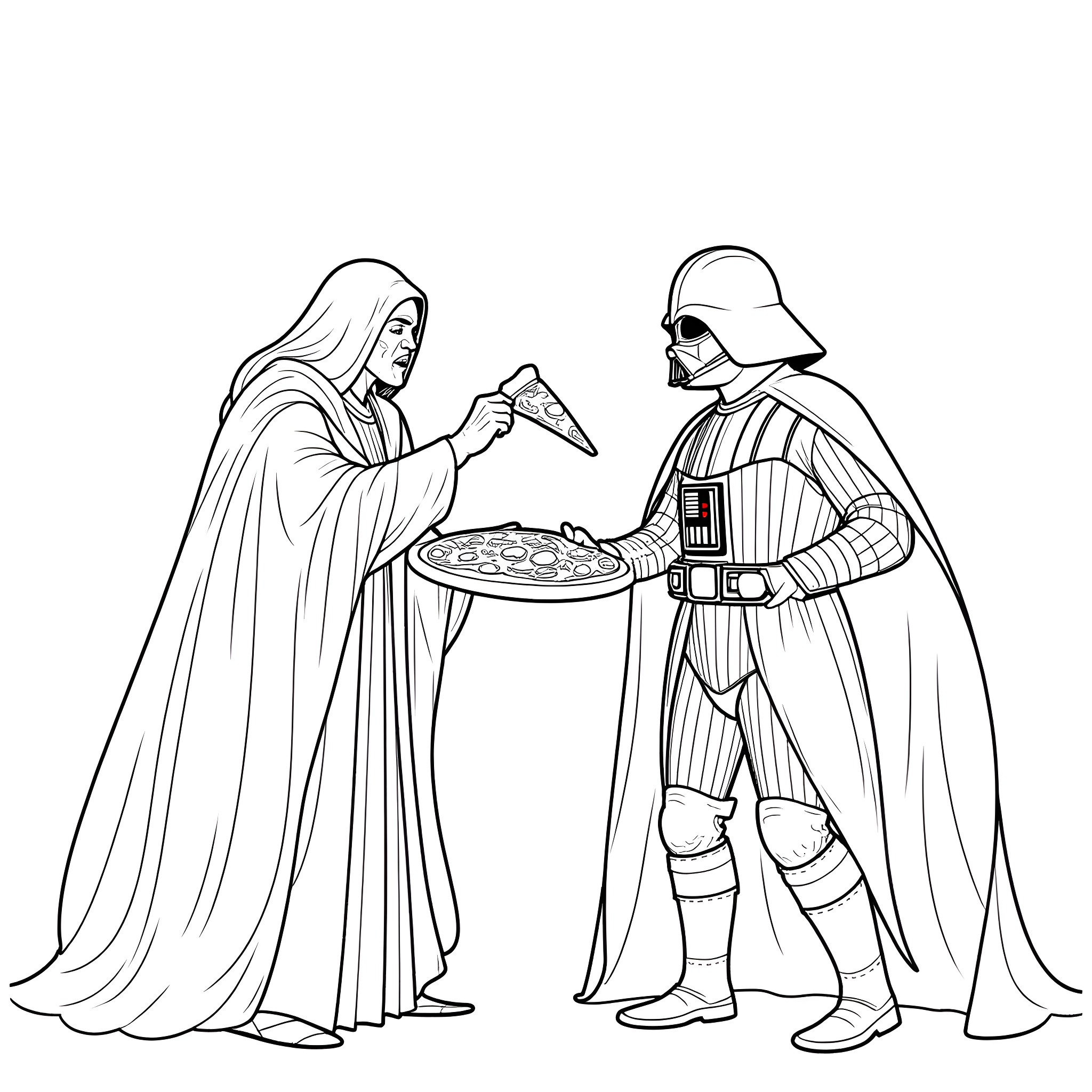 Darth Vader sharing a pizza with a mysterious robed figure Coloring Page (free black-and-white line drawing printable PDF for all, from beginners to advanced learners, including children, teens, adults, and seniors)