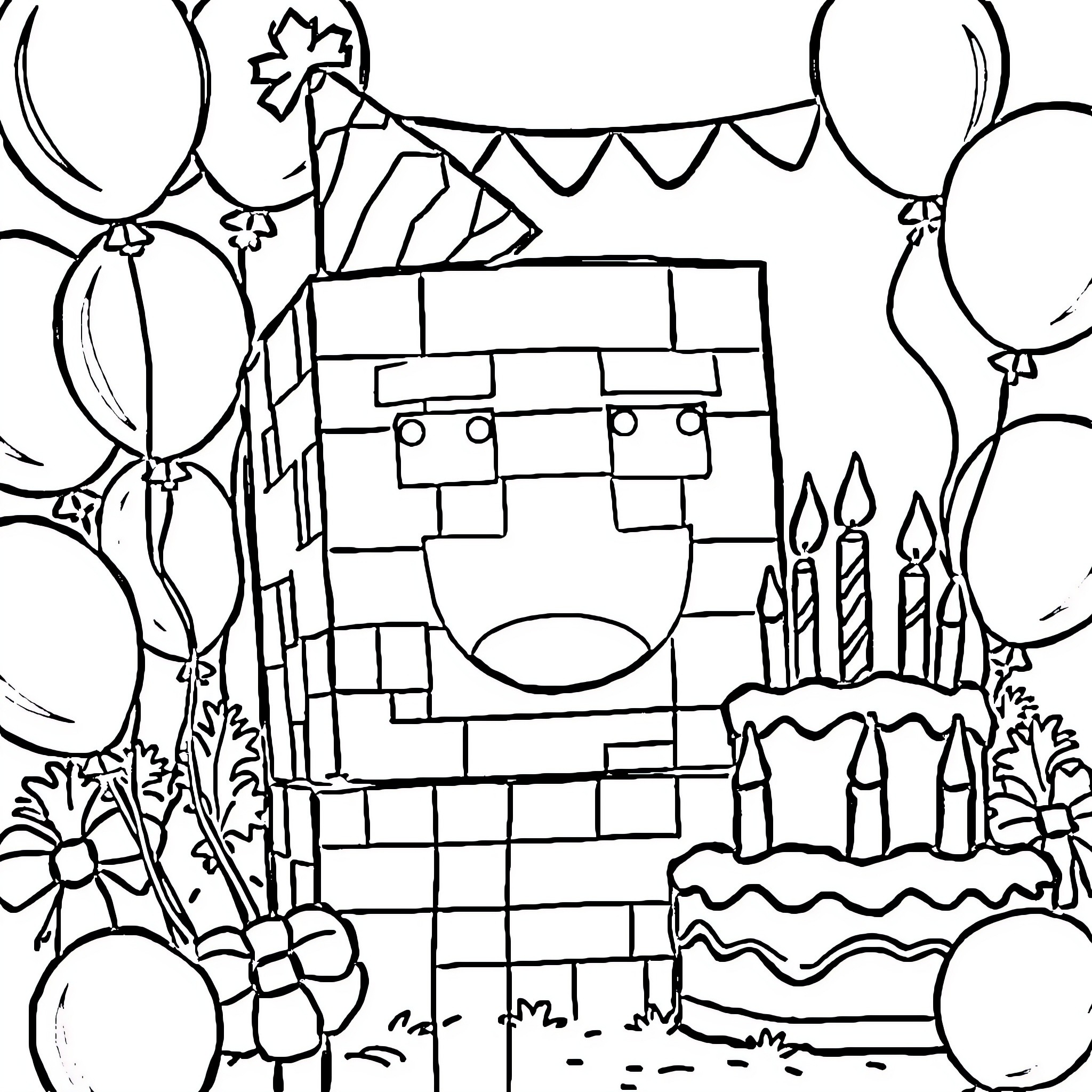 Creeper celebrating a birthday party Coloring Page (free black-and-white line drawing printable PDF for all, from beginners to advanced learners, including children, teens, adults, and seniors)