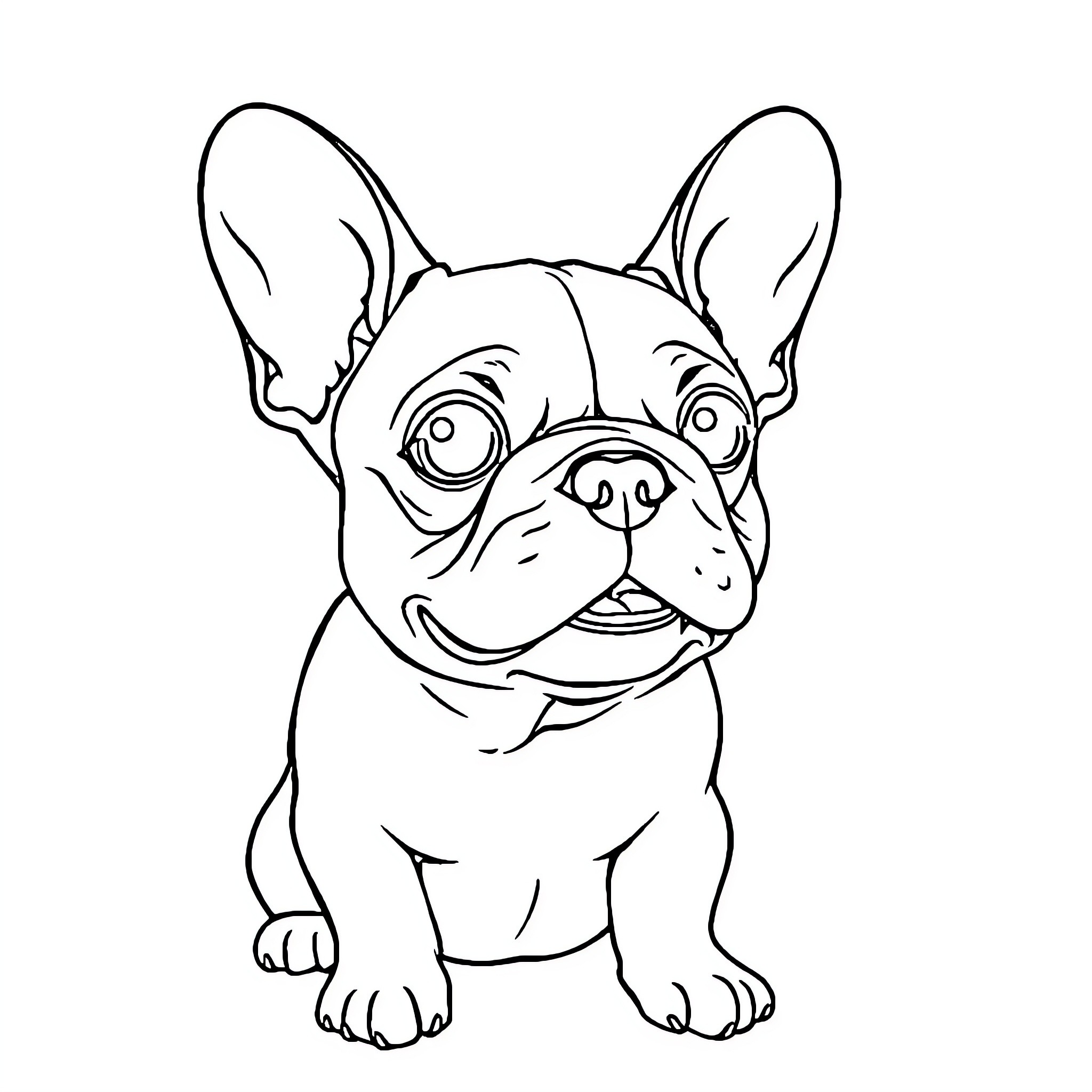 French Bulldog smiling happily Coloring Page (free black-and-white line drawing printable PDF for all, from beginners to advanced learners, including children, teens, adults, and seniors)