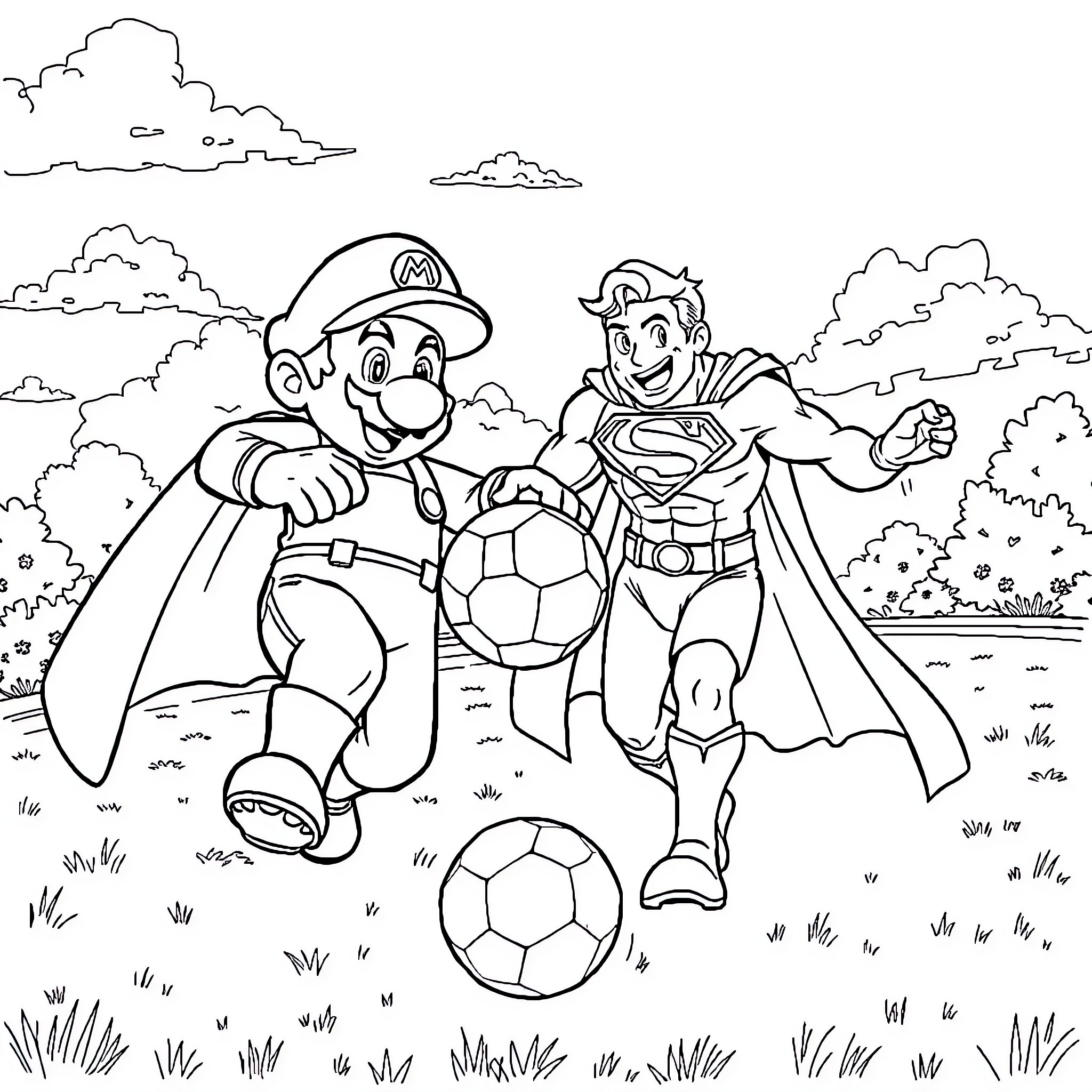 Mario and Superman playing soccer in the park Coloring Page (free black-and-white line drawing printable PDF for all, from beginners to advanced learners, including children, teens, adults, and seniors)