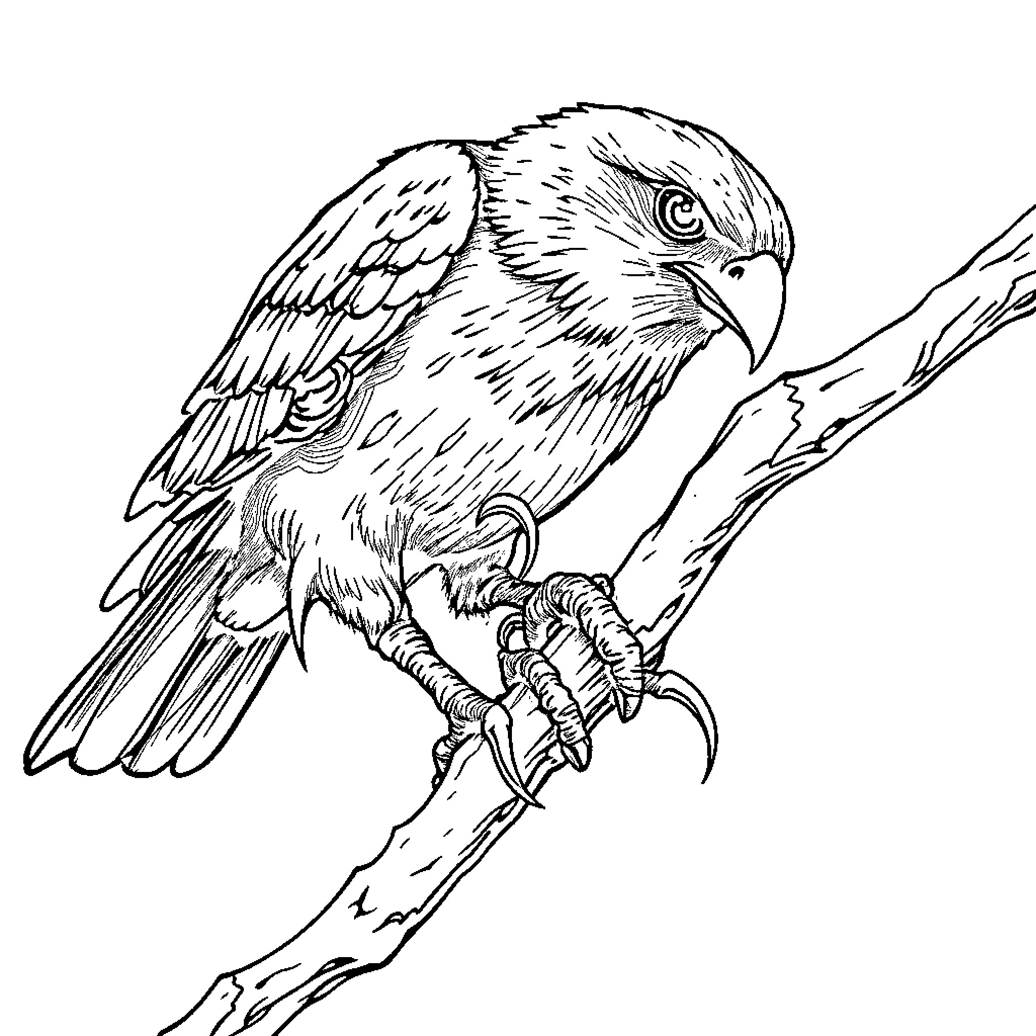 Bird perched on tree branch Coloring Page (free black-and-white line drawing printable PDF for all, from beginners to advanced learners, including children, teens, adults, and seniors)