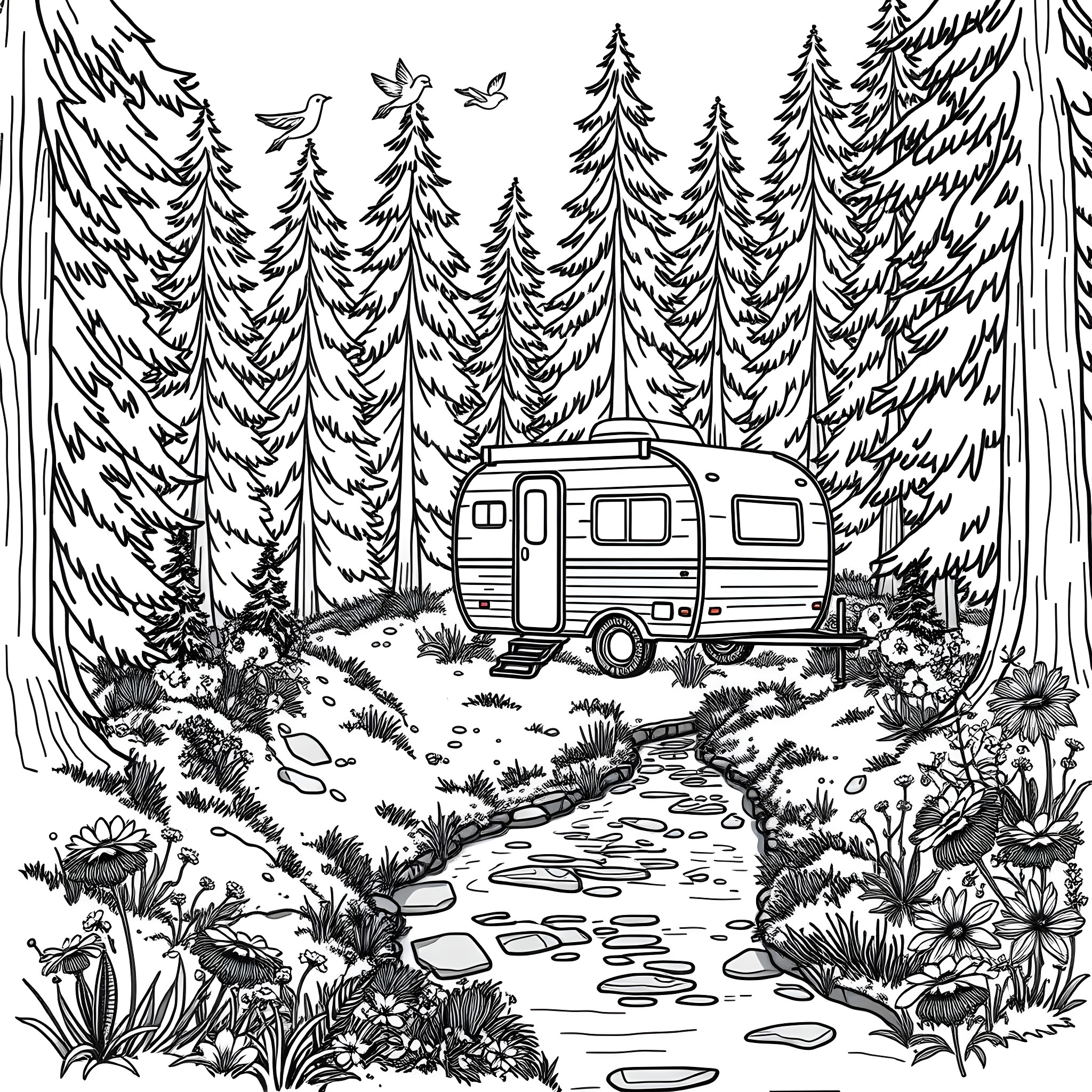 Trailer in the enchanting forest landscape Coloring Page (free black-and-white line drawing printable PDF for all, from beginners to advanced learners, including children, teens, adults, and seniors)