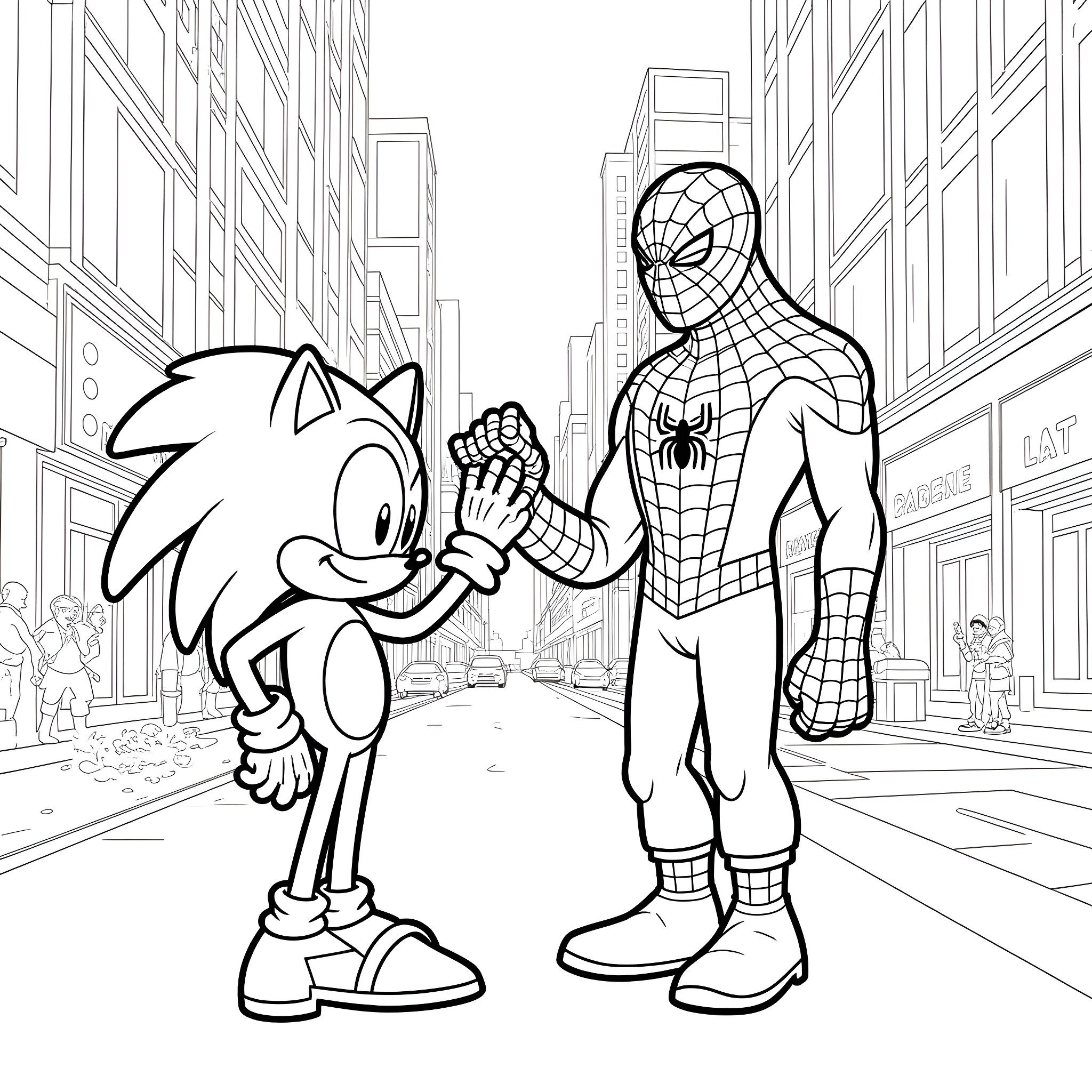 Spiderman and Sonic meet in the city Coloring Page (free black-and-white line drawing printable PDF for all, from beginners to advanced learners, including children, teens, adults, and seniors)