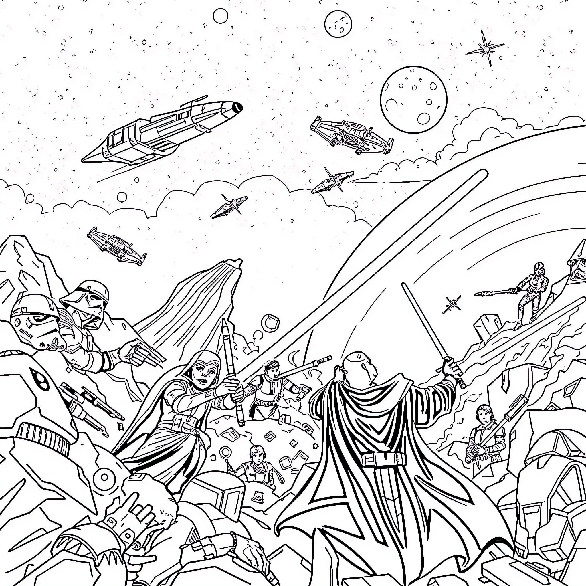 Star Wars epic space battle with iconic characters Coloring Page (free black-and-white line drawing printable PDF for all, from beginners to advanced learners, including children, teens, adults, and seniors)