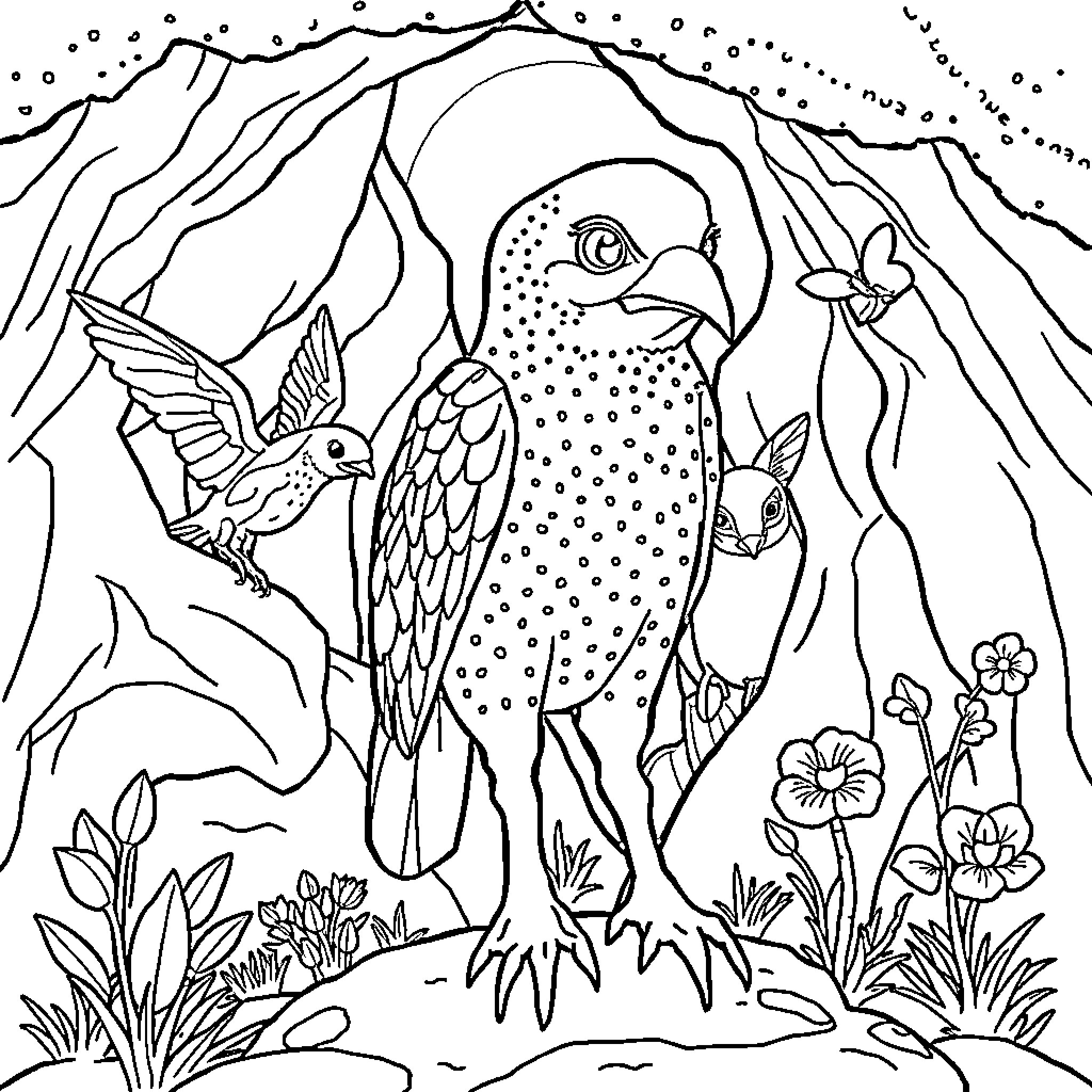 Animal in Enchanted Forest Landscape Coloring Page (free black-and-white line drawing printable PDF for all, from beginners to advanced learners, including children, teens, adults, and seniors)