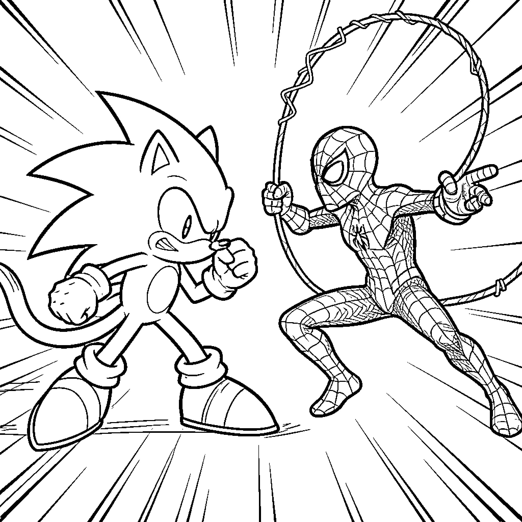 Sonic and Spider-Man facing off in a battle pose Coloring Page (free black-and-white line drawing printable PDF for all, from beginners to advanced learners, including children, teens, adults, and seniors)