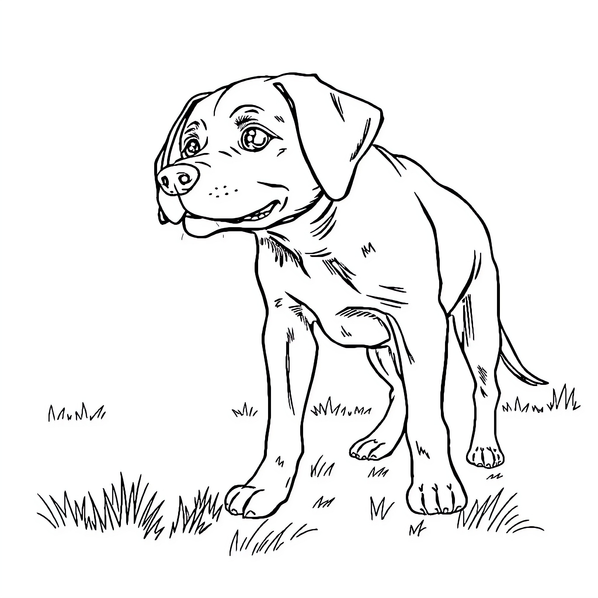 Dog exploring grassy field with enthusiasm Coloring Page (free black-and-white line drawing printable PDF for all, from beginners to advanced learners, including children, teens, adults, and seniors)