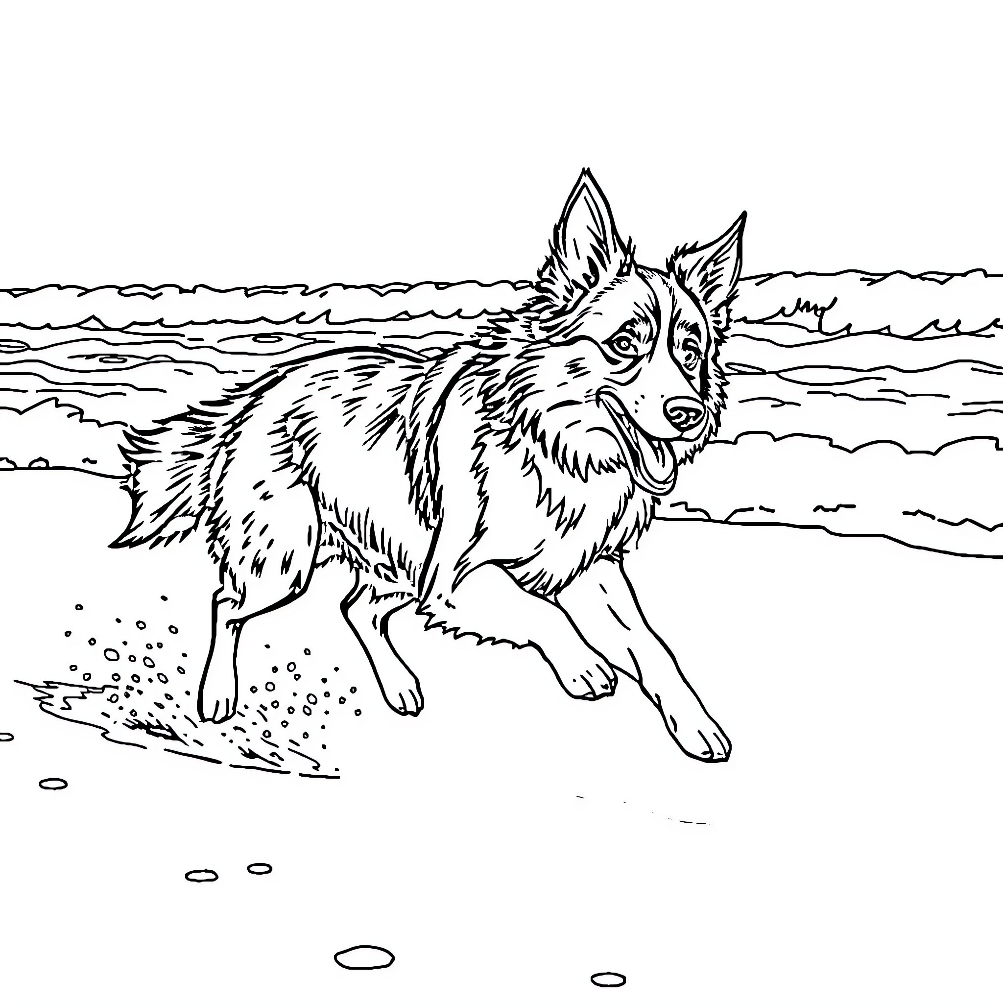 Border Collie running along the beach Coloring Page (free black-and-white line drawing printable PDF for all, from beginners to advanced learners, including children, teens, adults, and seniors)