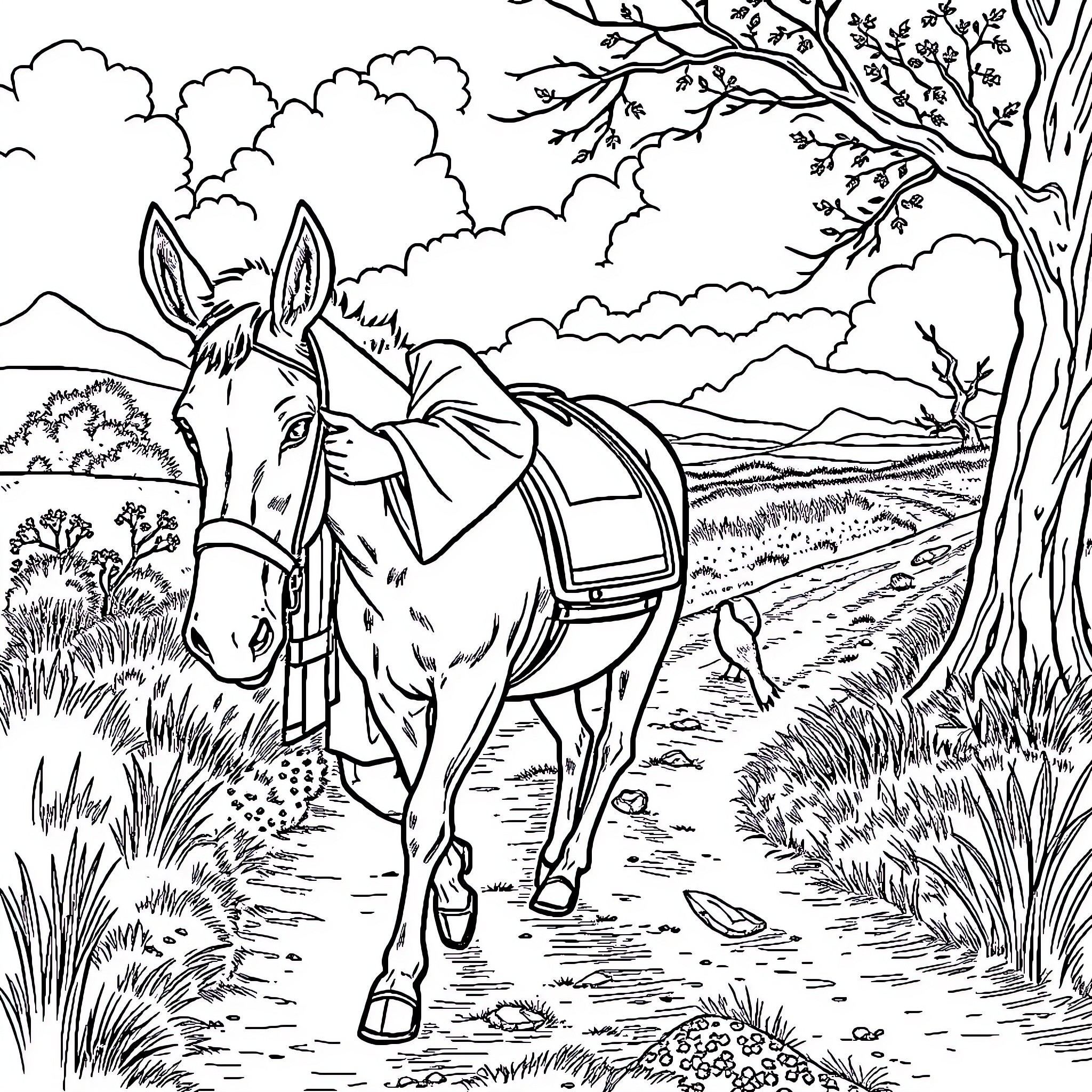 Joseph Smith's Faithful Companion - A Donkey in the Countryside Coloring Page (free black-and-white line drawing printable PDF for all, from beginners to advanced learners, including children, teens, adults, and seniors)