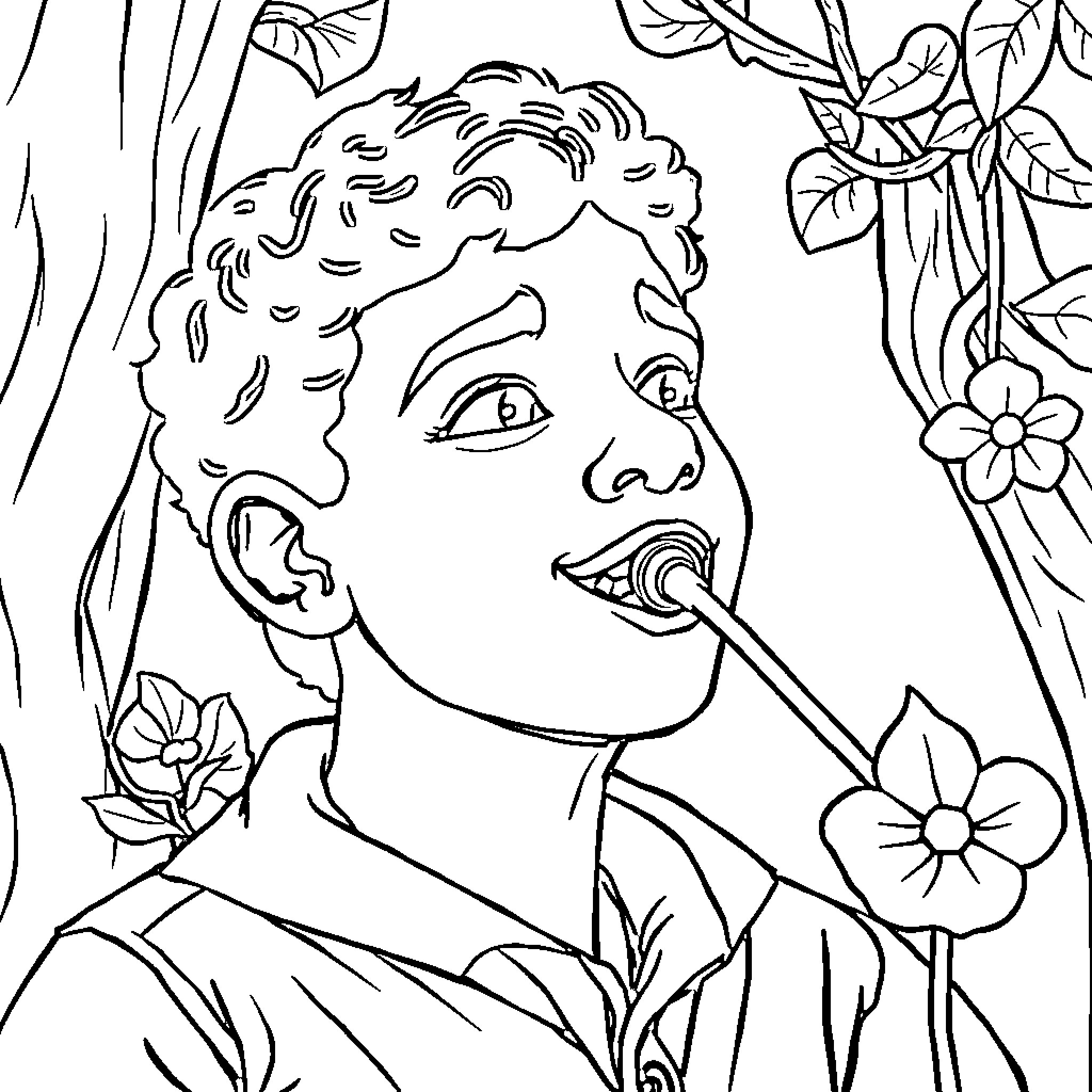 Manolo enjoying the floral scenery Coloring Page (free black-and-white line drawing printable PDF for all, from beginners to advanced learners, including children, teens, adults, and seniors)