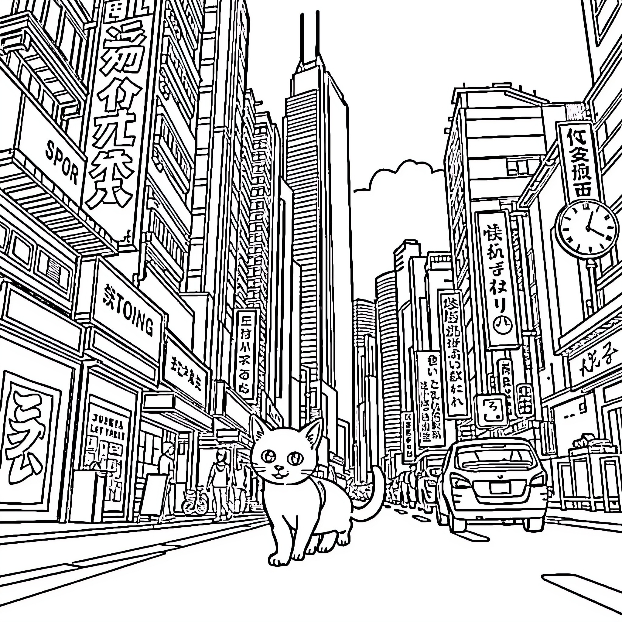 Cat exploring the bustling city streets Coloring Page (free black-and-white line drawing printable PDF for all, from beginners to advanced learners, including children, teens, adults, and seniors)