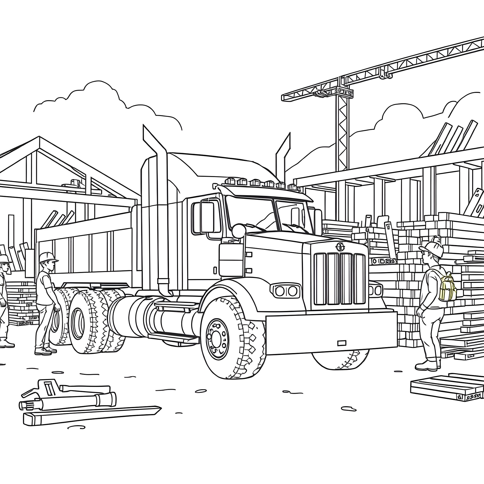 Truck delivering construction materials at the job site Coloring Page (free black-and-white line drawing printable PDF for all, from beginners to advanced learners, including children, teens, adults, and seniors)