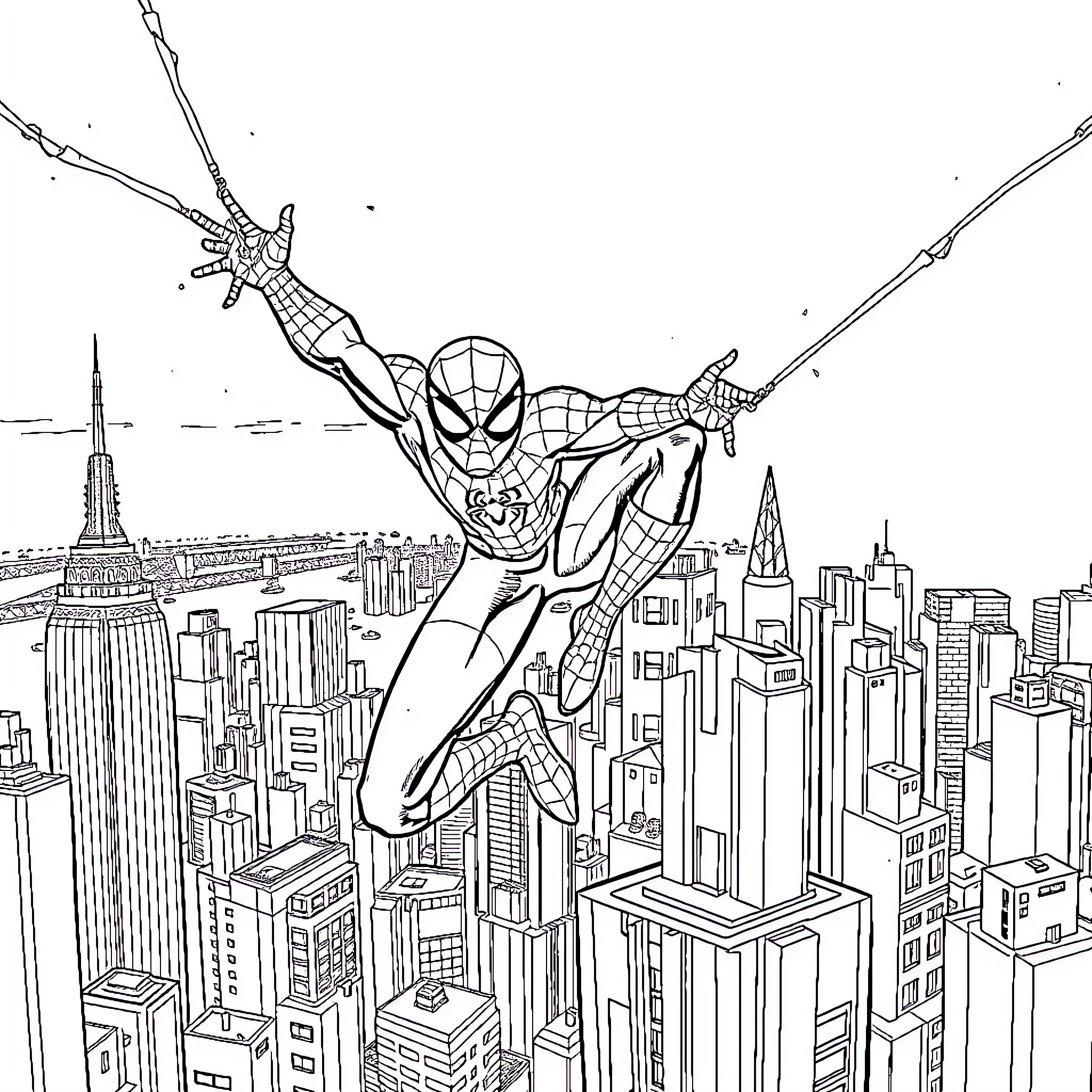 Spiderman swinging through the city skyline Coloring Page (free black-and-white line drawing printable PDF for all, from beginners to advanced learners, including children, teens, adults, and seniors)