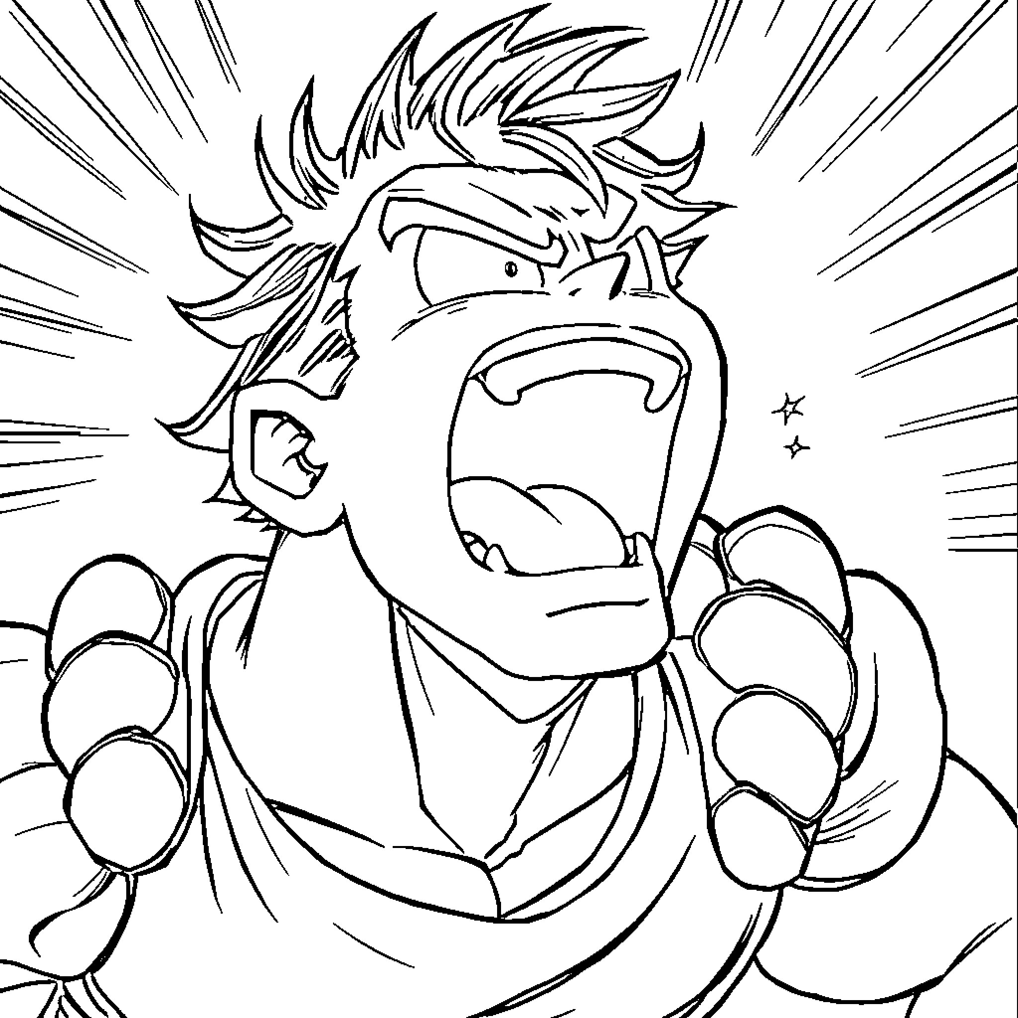 Broli unleashing powerful energy in intense action Coloring Page (free black-and-white line drawing printable PDF for all, from beginners to advanced learners, including children, teens, adults, and seniors)