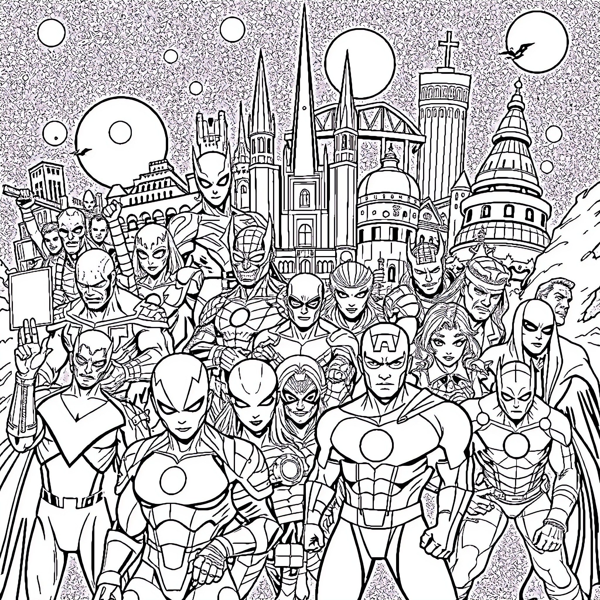 Marvel Superheroes Assembled in Action Coloring Page (free black-and-white line drawing printable PDF for all, from beginners to advanced learners, including children, teens, adults, and seniors)