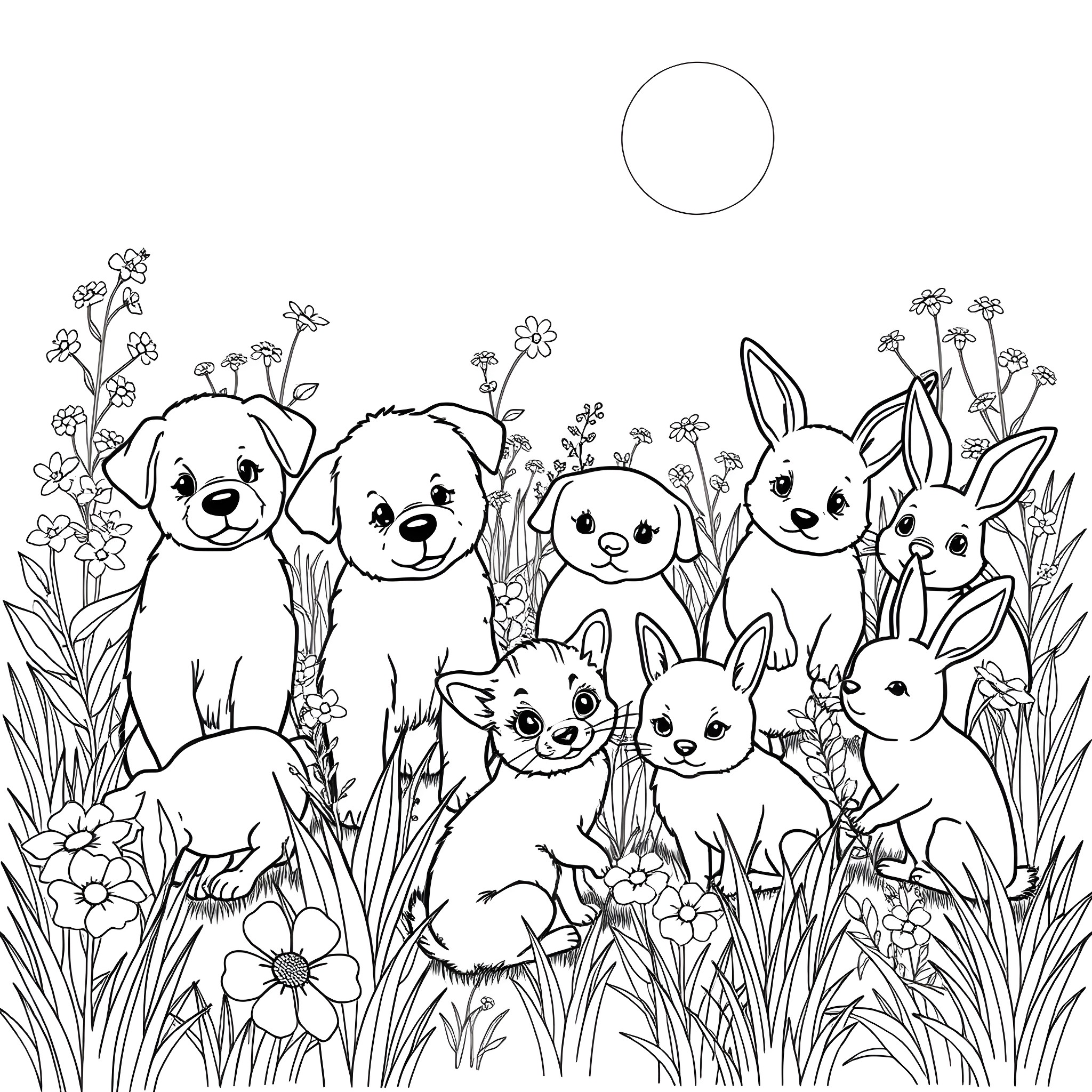 Animals playing happily in a garden Coloring Page (free black-and-white line drawing printable PDF for all, from beginners to advanced learners, including children, teens, adults, and seniors)