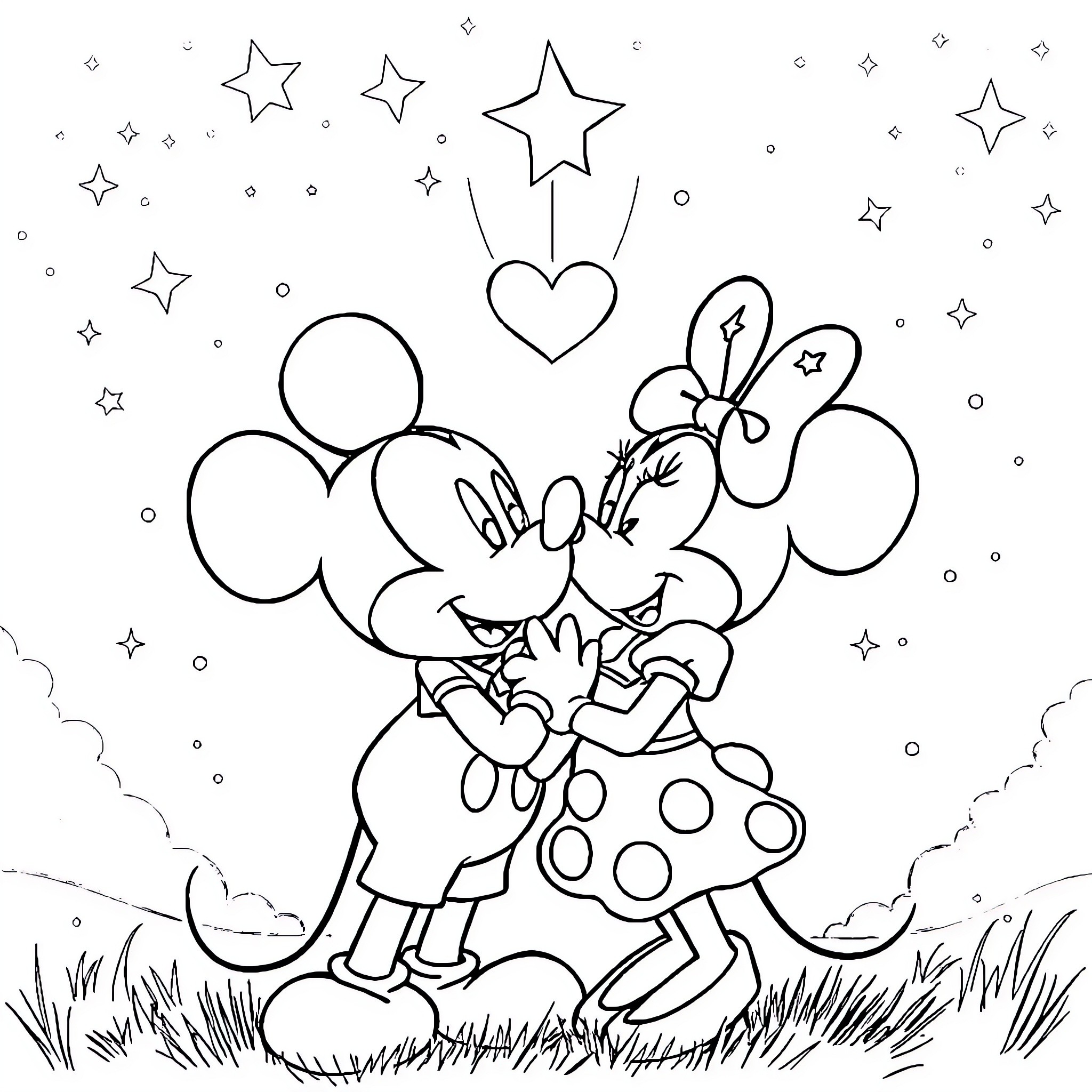Mickey Mouse in a magical, starry scene Coloring Page (free black-and-white line drawing printable PDF for all, from beginners to advanced learners, including children, teens, adults, and seniors)