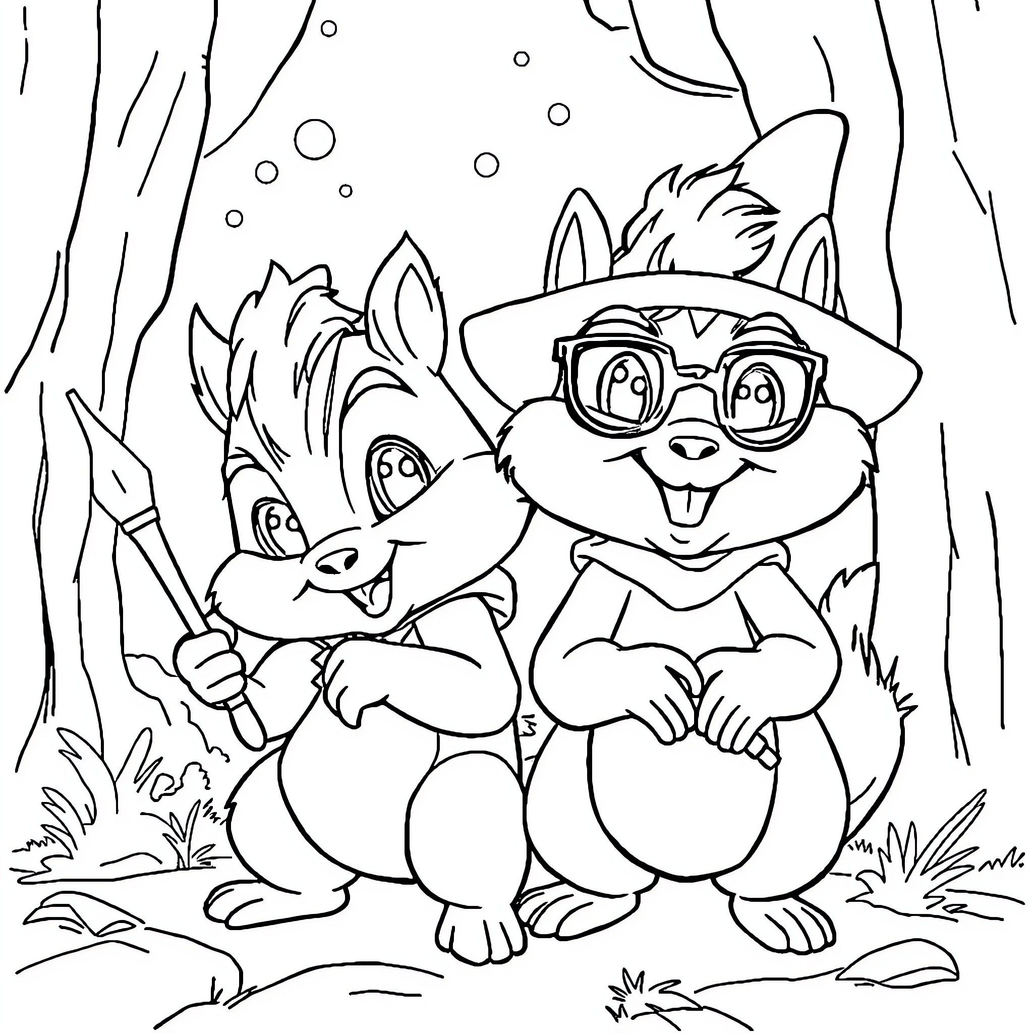 Chipmunks playing in the forest with magnifying glasses Coloring Page (free black-and-white line drawing printable PDF for all, from beginners to advanced learners, including children, teens, adults, and seniors)
