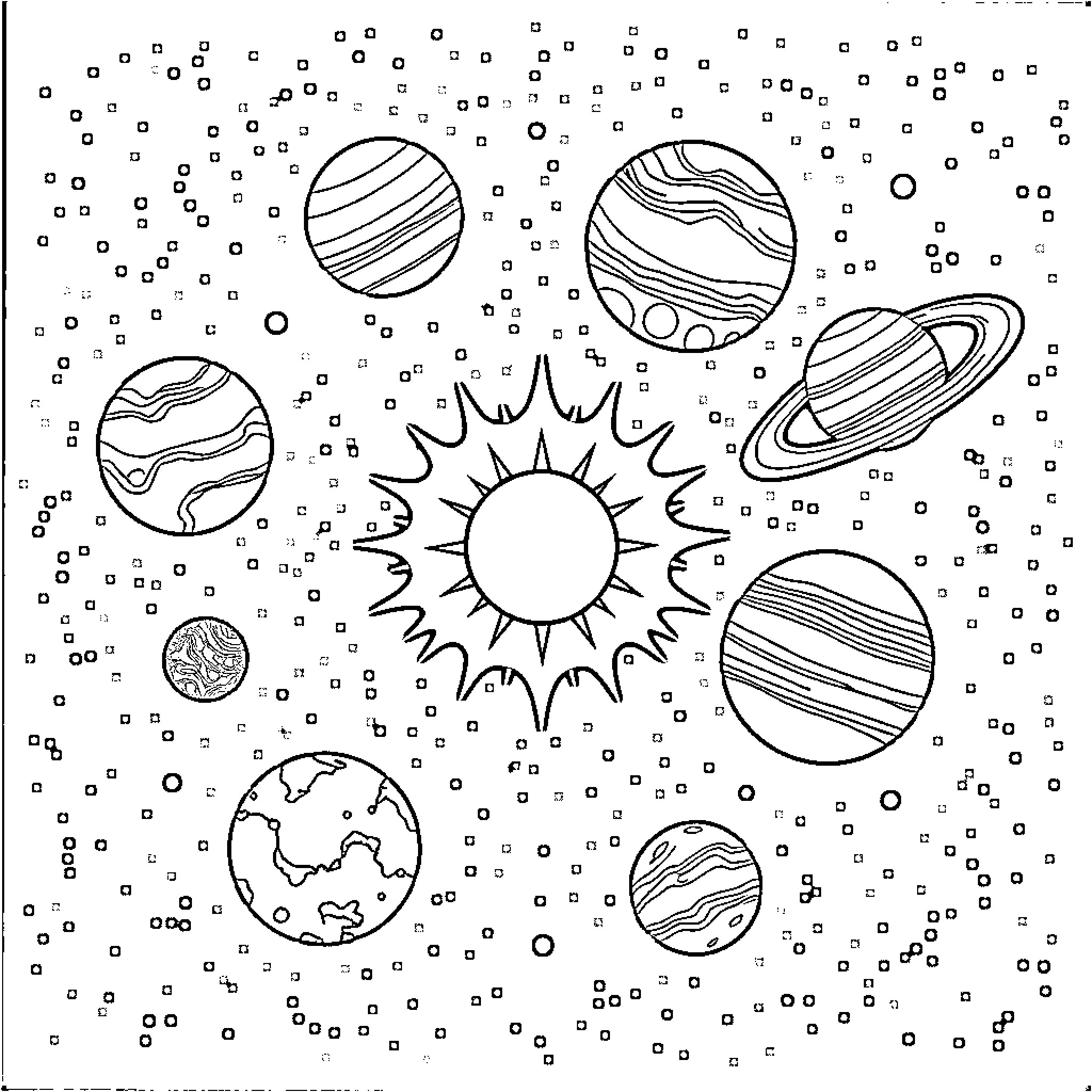 Planet scenes and celestial bodies in the cosmos Coloring Page (free black-and-white line drawing printable PDF for all, from beginners to advanced learners, including children, teens, adults, and seniors)