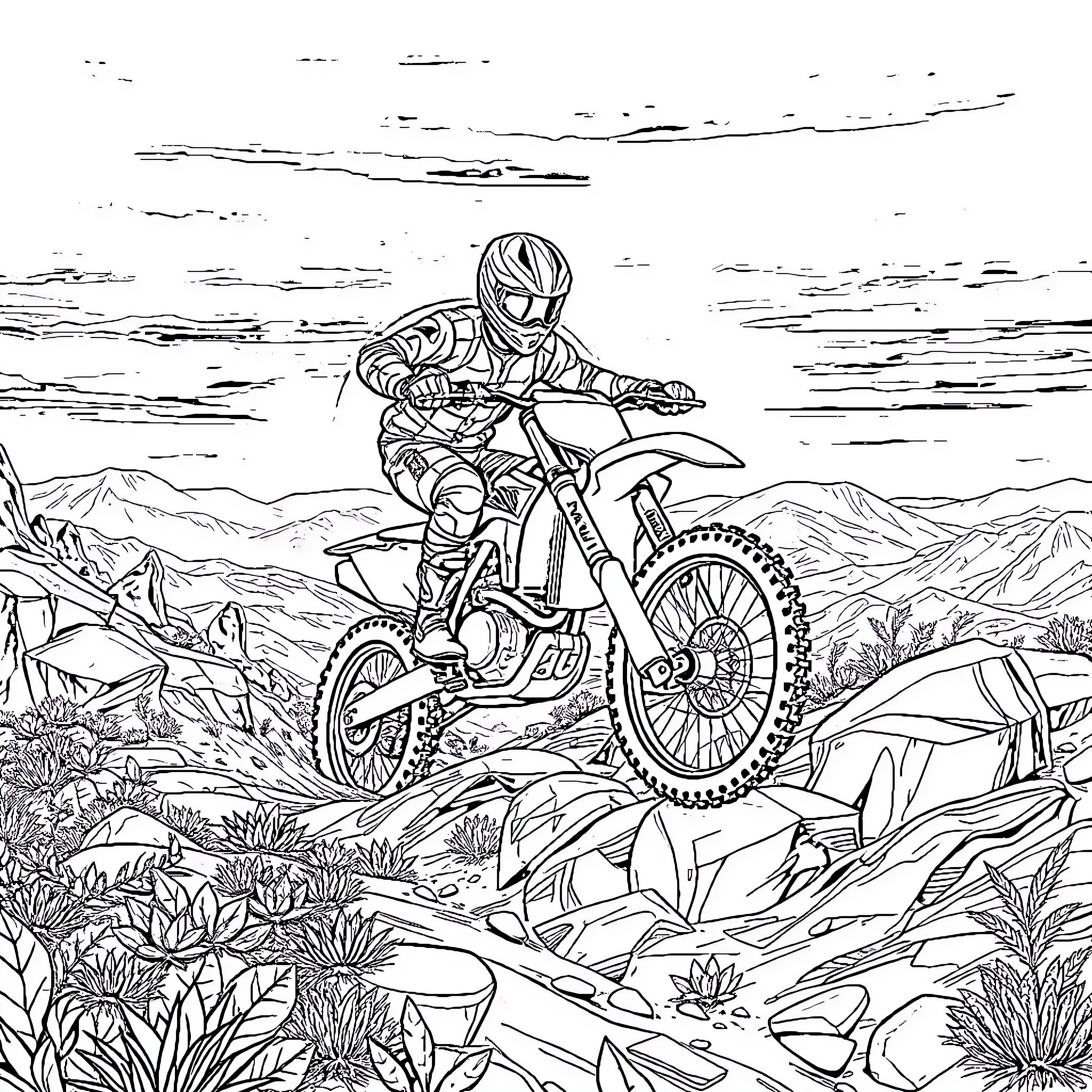 Motocross Rider Navigating Rugged Terrain Coloring Page (free black-and-white line drawing printable PDF for all, from beginners to advanced learners, including children, teens, adults, and seniors)