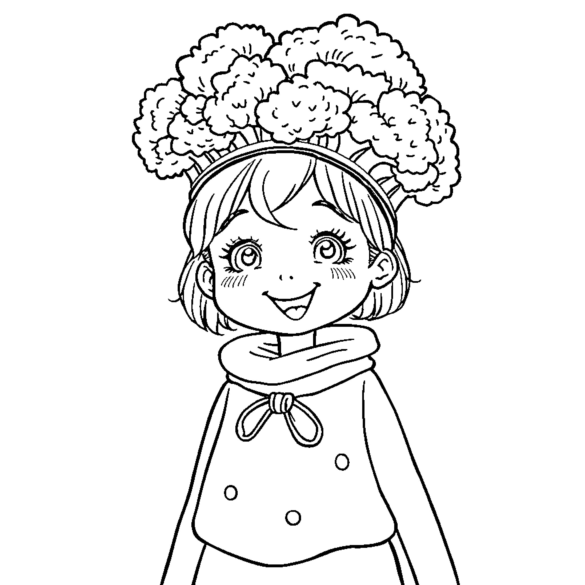 Girl in Playful Outfit with Whimsical Hairstyle Coloring Page (free black-and-white line drawing printable PDF for all, from beginners to advanced learners, including children, teens, adults, and seniors)