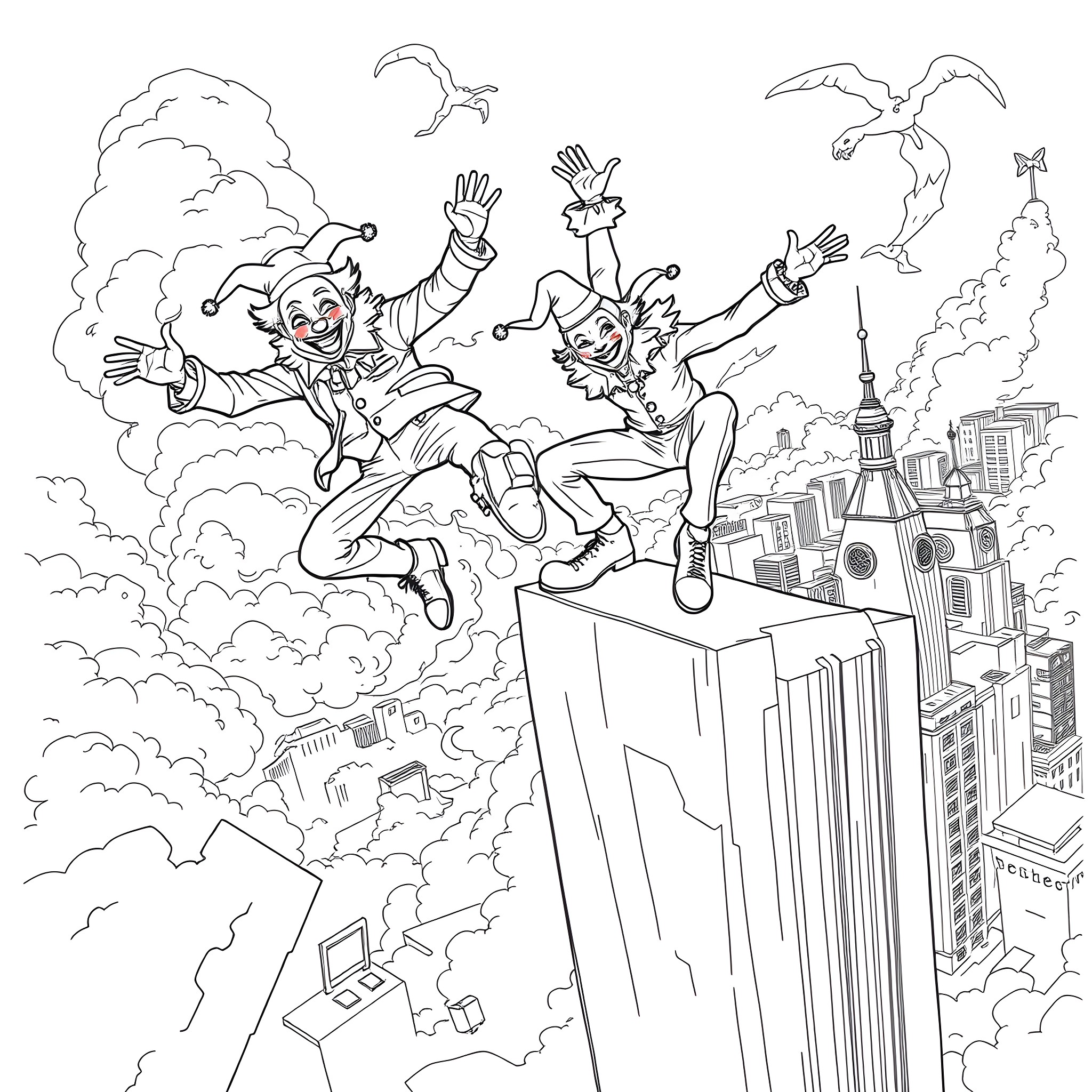 Clowns leaping joyfully across the cityscape Coloring Page (free black-and-white line drawing printable PDF for all, from beginners to advanced learners, including children, teens, adults, and seniors)