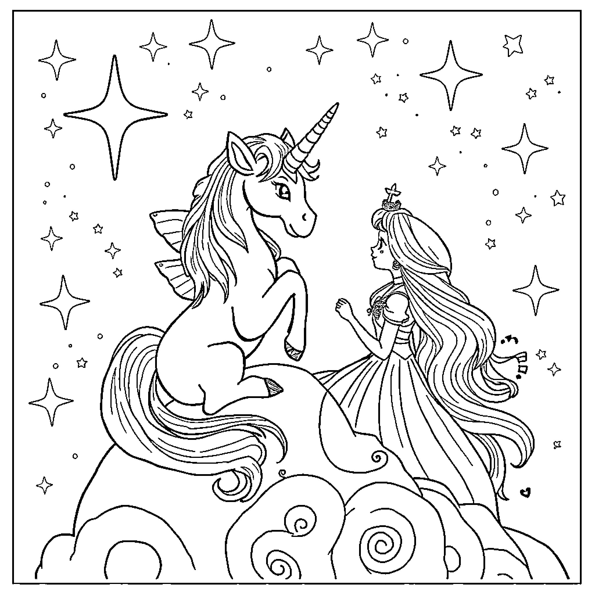 Unicorn and princess admiring the starry night Coloring Page (free black-and-white line drawing printable PDF for all, from beginners to advanced learners, including children, teens, adults, and seniors)