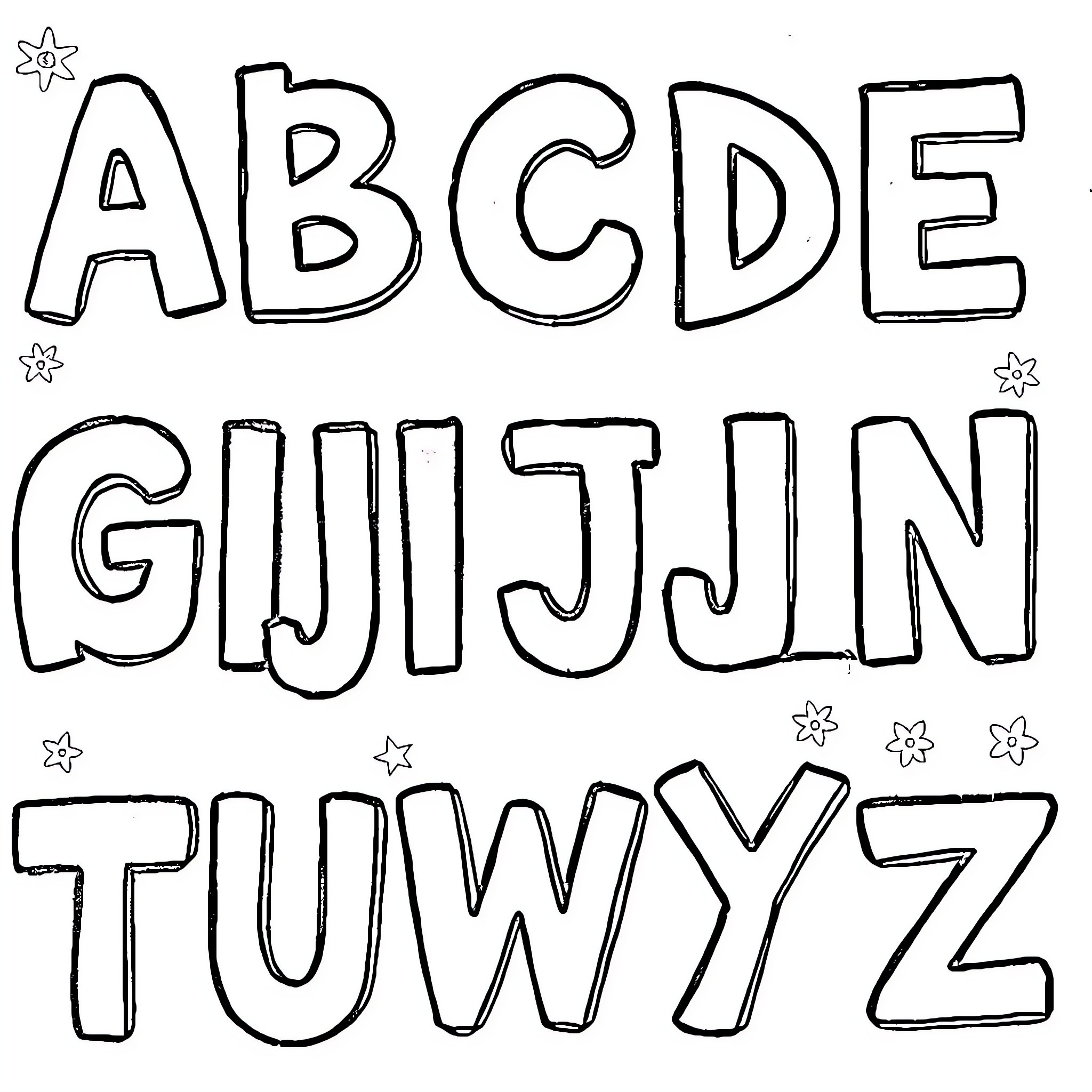 Alphabet letters with decorative stars Coloring Page (free black-and-white line drawing printable PDF for all, from beginners to advanced learners, including children, teens, adults, and seniors)