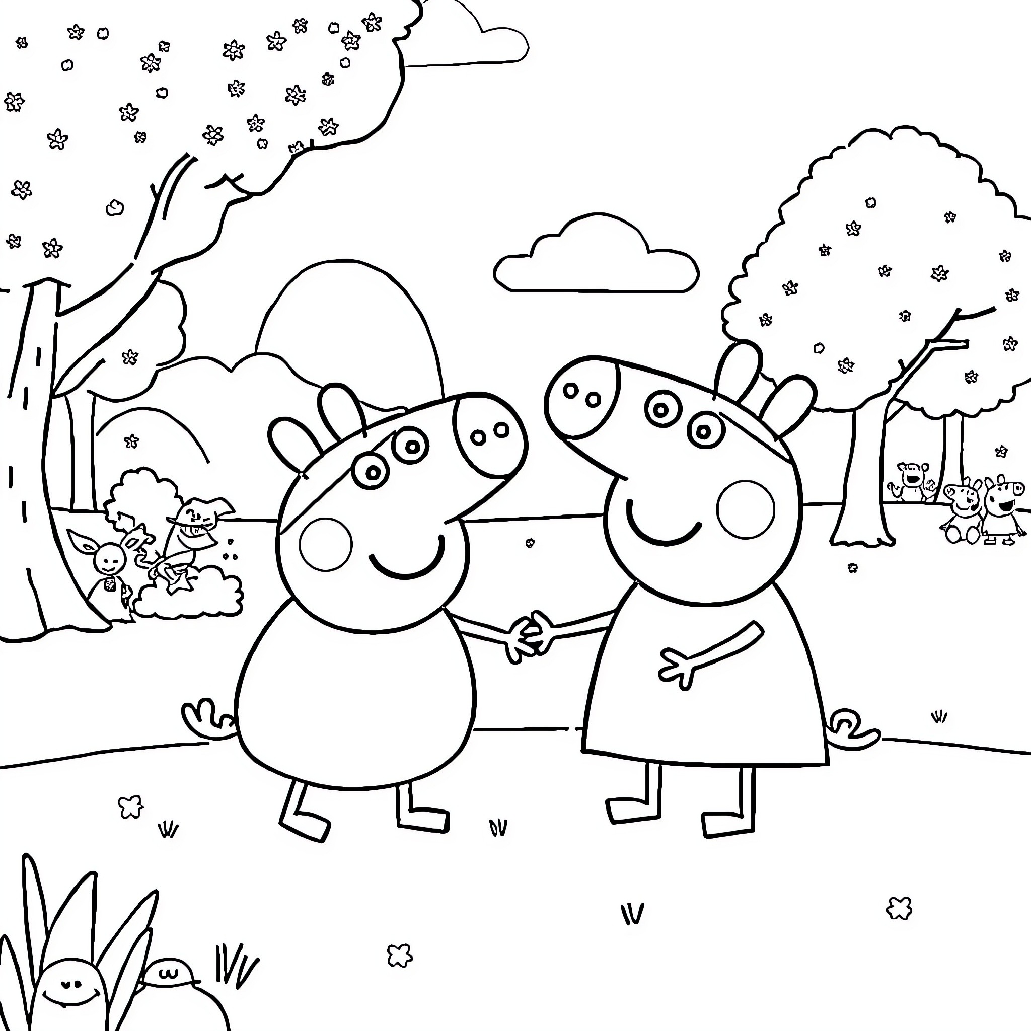 Bing and Peppa Pig playing together in a winter wonderland Coloring Page (free black-and-white line drawing printable PDF for all, from beginners to advanced learners, including children, teens, adults, and seniors)