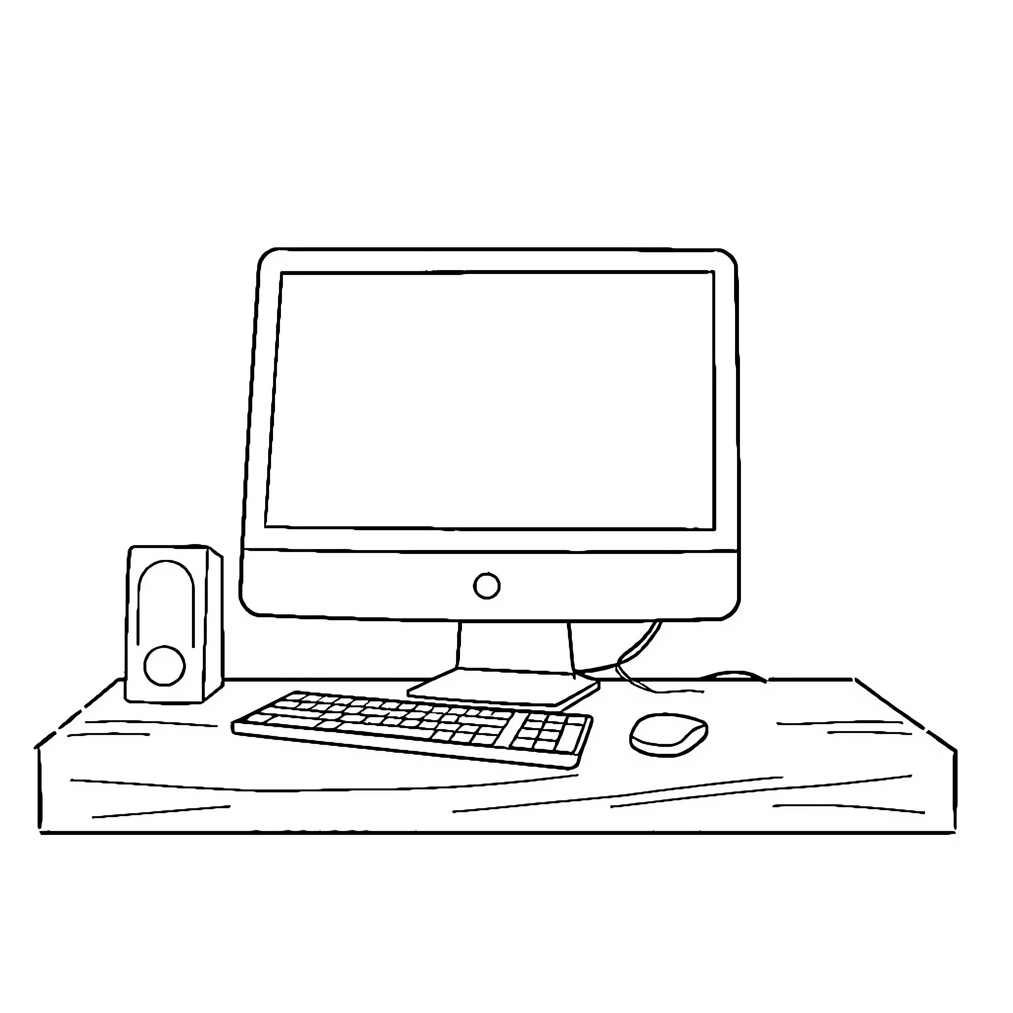 Computer desk with monitor, keyboard, and mouse Coloring Page (free black-and-white line drawing printable PDF for all, from beginners to advanced learners, including children, teens, adults, and seniors)