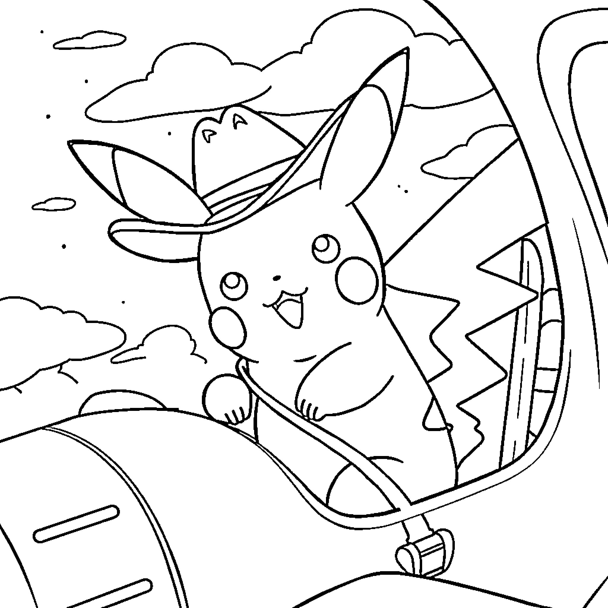 Pikachu enjoying a peaceful day outdoors Coloring Page (free black-and-white line drawing printable PDF for all, from beginners to advanced learners, including children, teens, adults, and seniors)