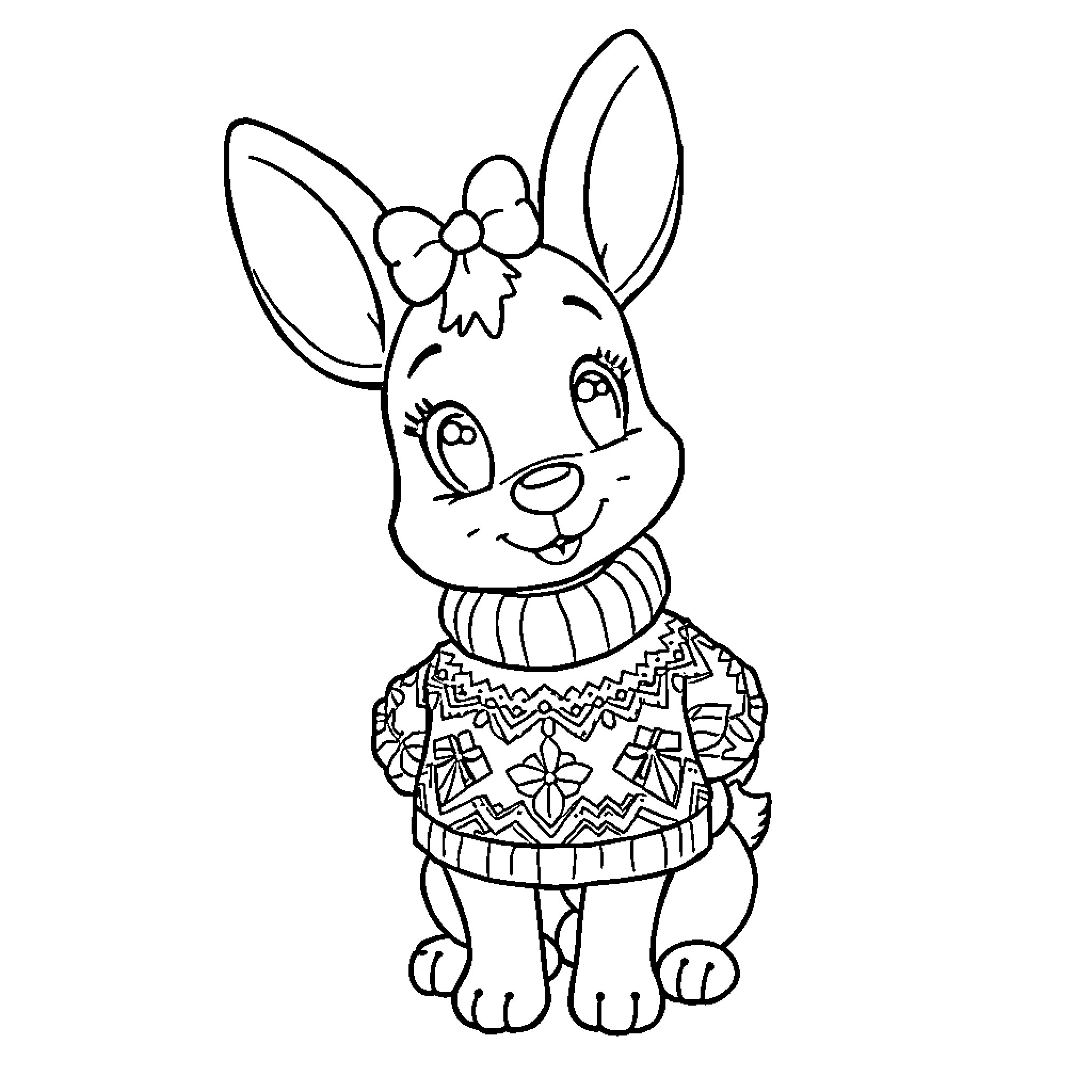 Maisy the Rabbit in Sweater Coloring Page (free black-and-white line drawing printable PDF for all, from beginners to advanced learners, including children, teens, adults, and seniors)
