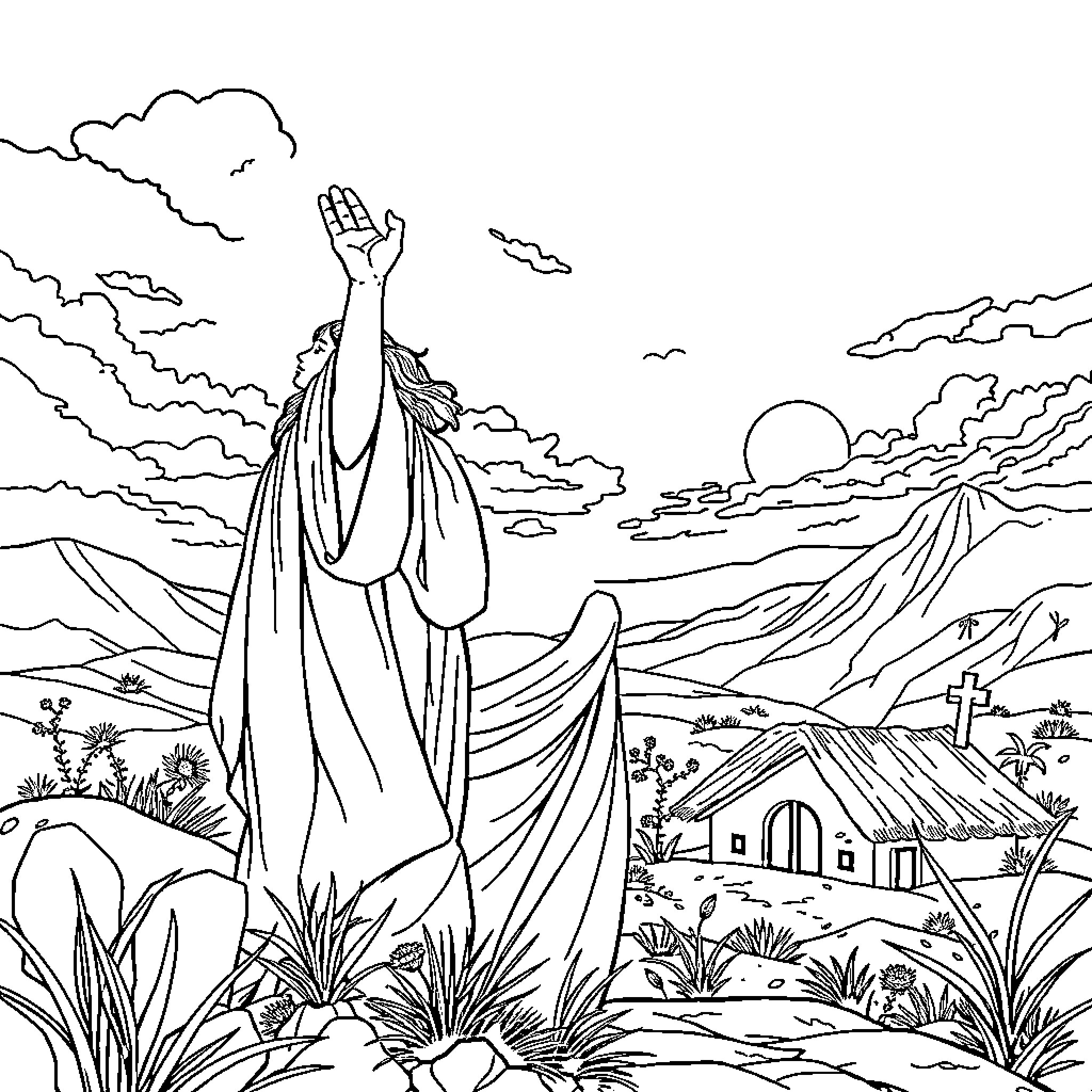 Moses parting the clouds and commanding the divine Coloring Page (free black-and-white line drawing printable PDF for all, from beginners to advanced learners, including children, teens, adults, and seniors)